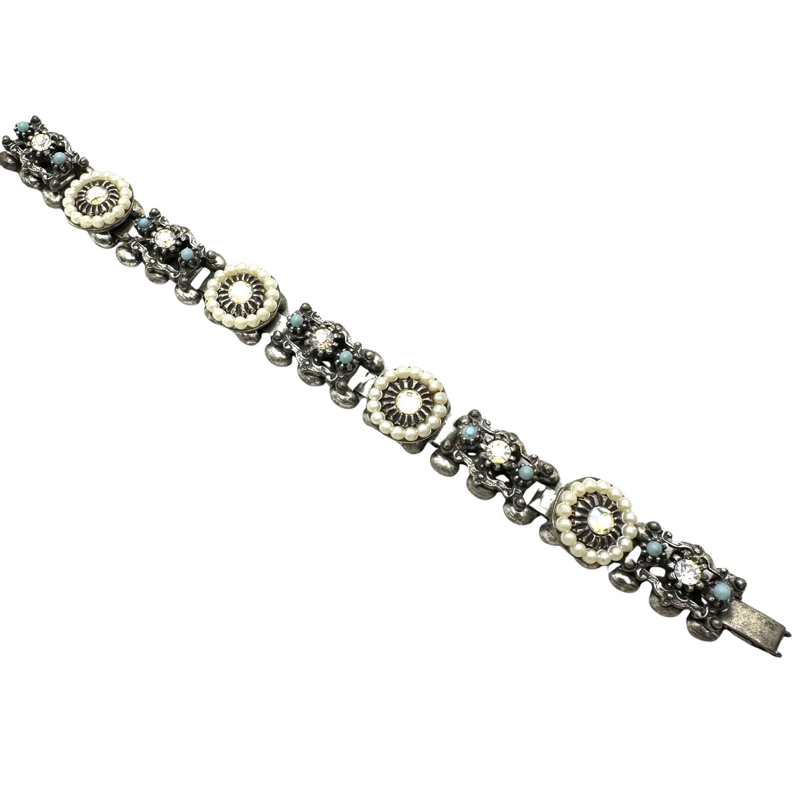 Vintage Selini Rhinestone Faux Pearl Silver Tone Book Chain Bracelet 6.5 Inch: Vintage Selini Rhinestone Faux Pearl Silver Tone Book Chain Bracelet 6.5 Inch