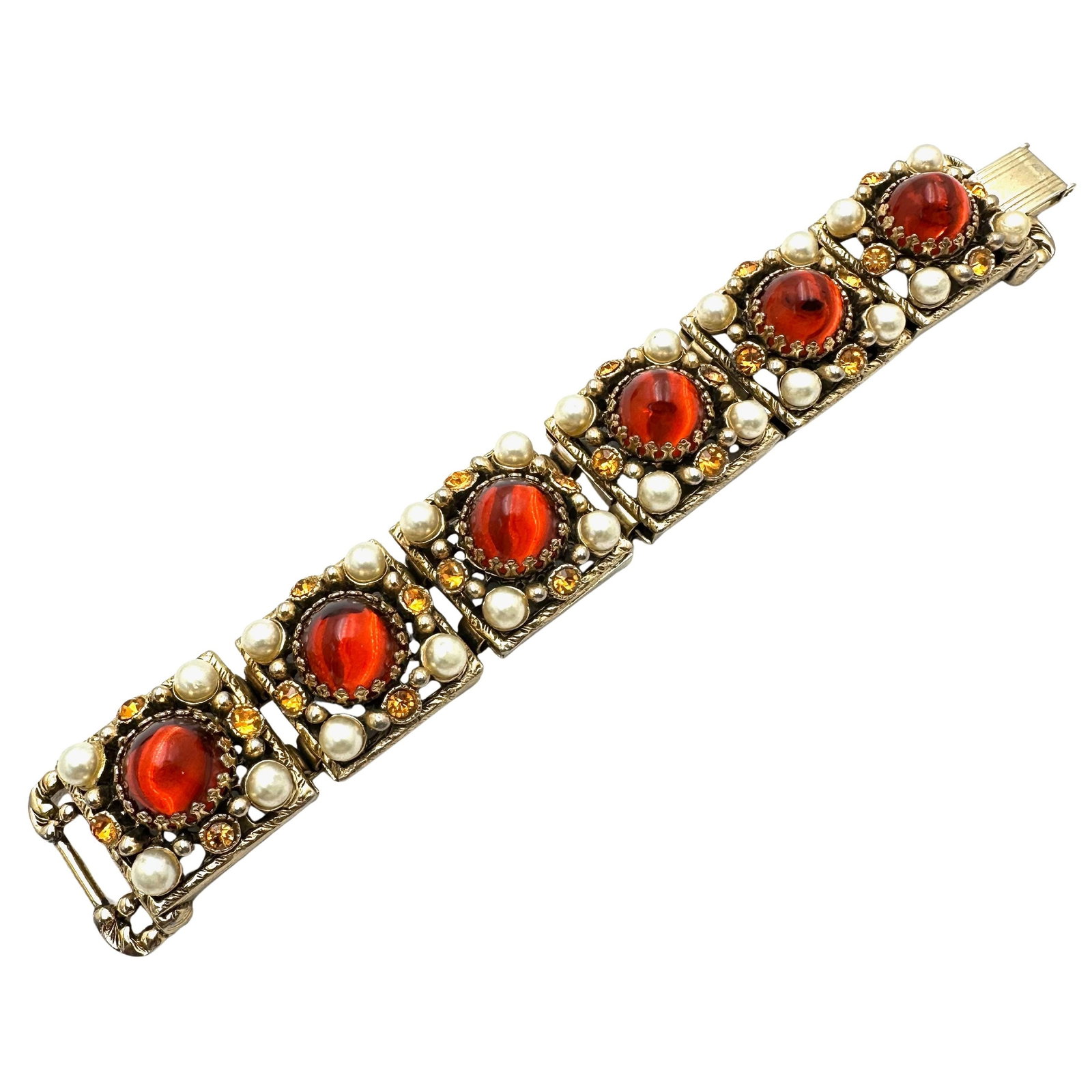 Vintage High End Bullet Amber Colored Rhinestone Faux Pearl Gold Tone Bracelet 7.25 Inches: Vintage High End Bullet Amber Colored Rhinestone Faux Pearl Gold Tone Bracelet 7.25 Inches