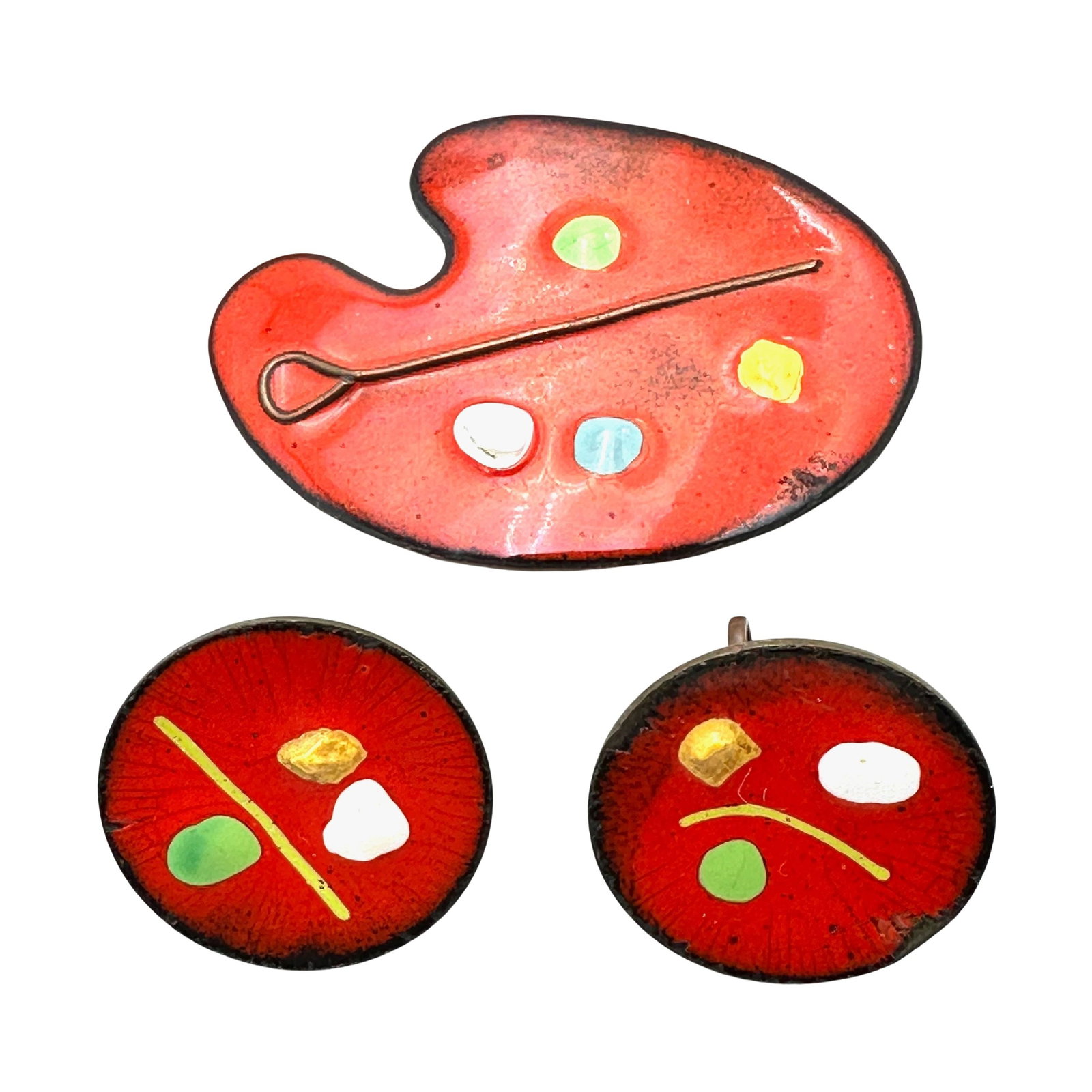 Vintage Mid Century Modern Enamel Copper Artist Pallet Brooch Pin and Matching Earrings: Vintage Mid Century Modern Enamel Copper Artist Pallet Brooch Pin and Matching Earrings
