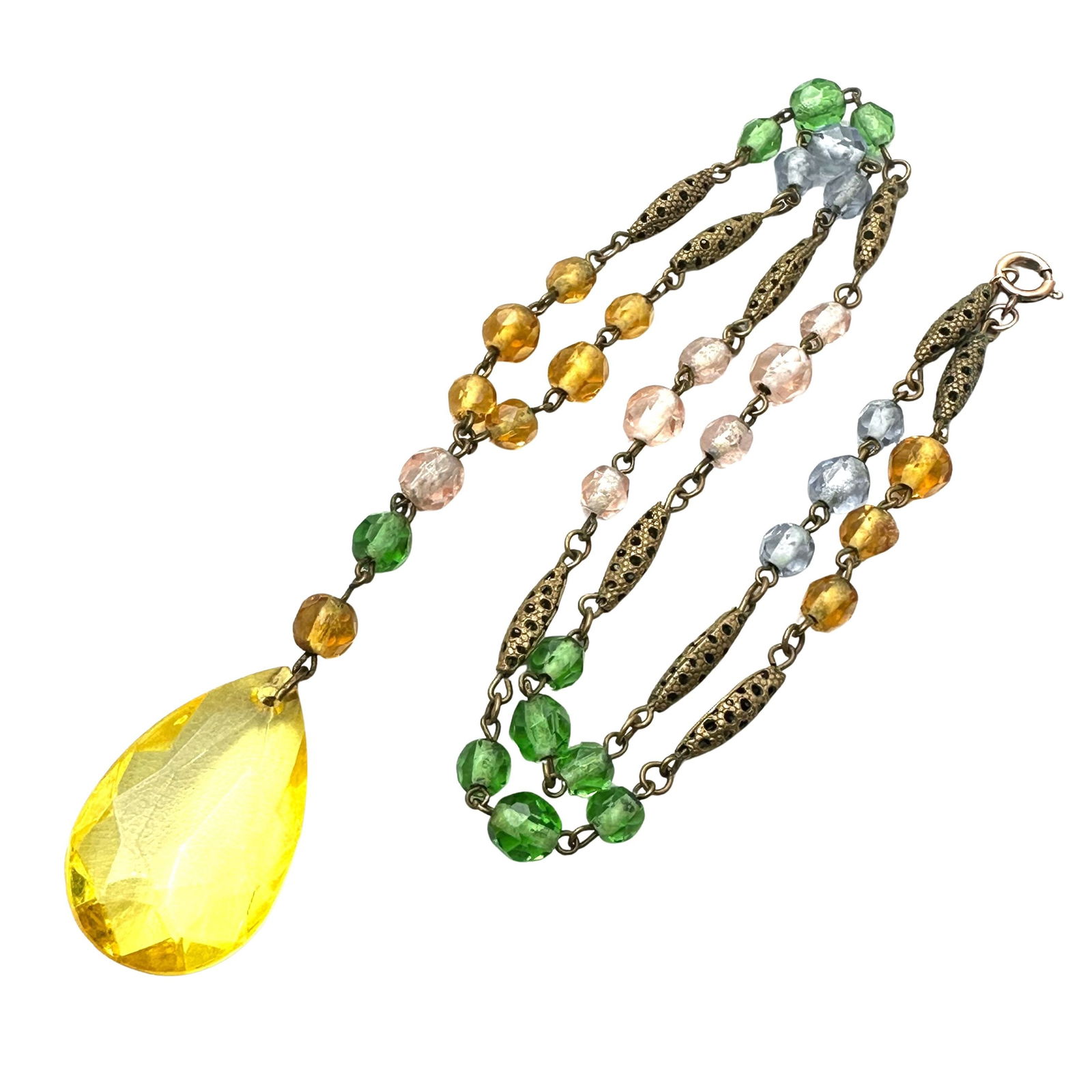 Antique Vintage Art Deco Pastel Czech Glass Pendant Necklace 20 Inch Antiqued Gold Tone: Antique Vintage Art Deco Pastel Czech Glass Pendant Necklace 20 Inch Antiqued Gold Tone