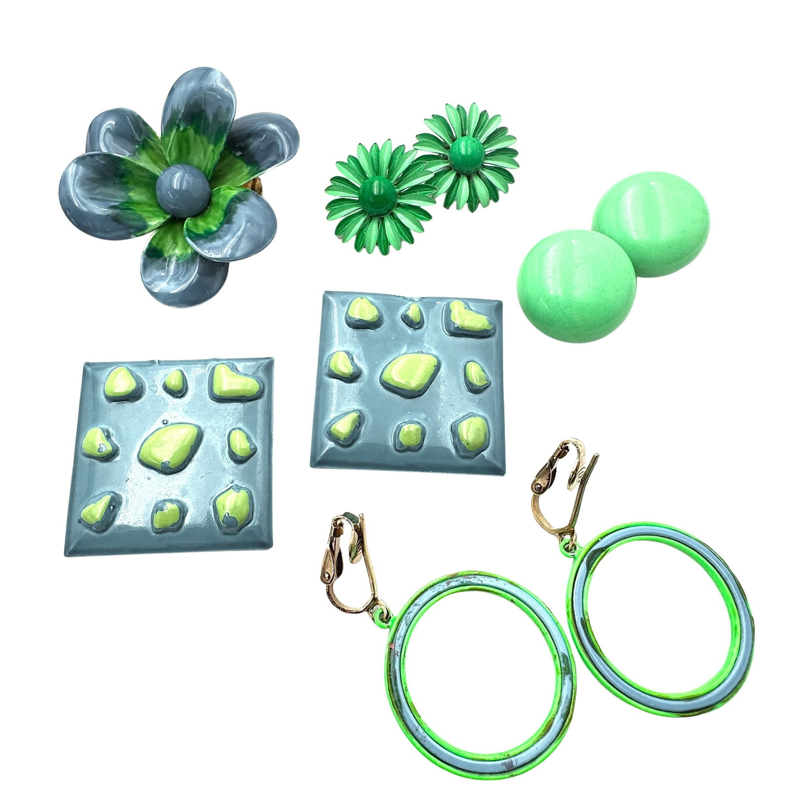 Vintage Retro Jewelry Group Lot Blue Green Enamel Brooches Earrings (1 of 2)