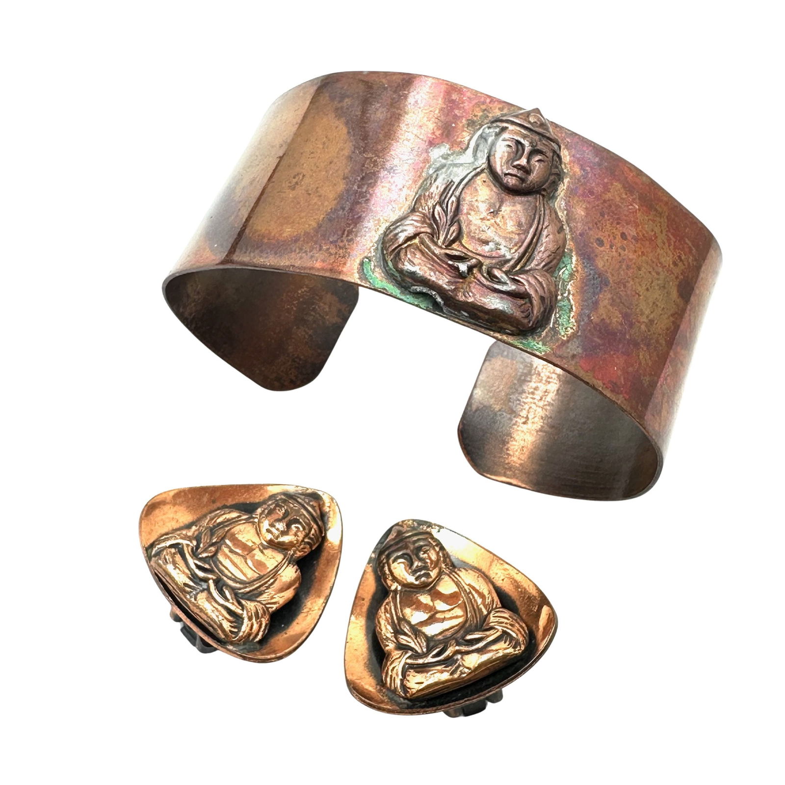 Vintage Mid Century Buddha Design Cuff Bracelet and Matching Clip Earrings Set: Vintage Mid Century Buddha Design Cuff Bracelet and Matching Clip Earrings Set