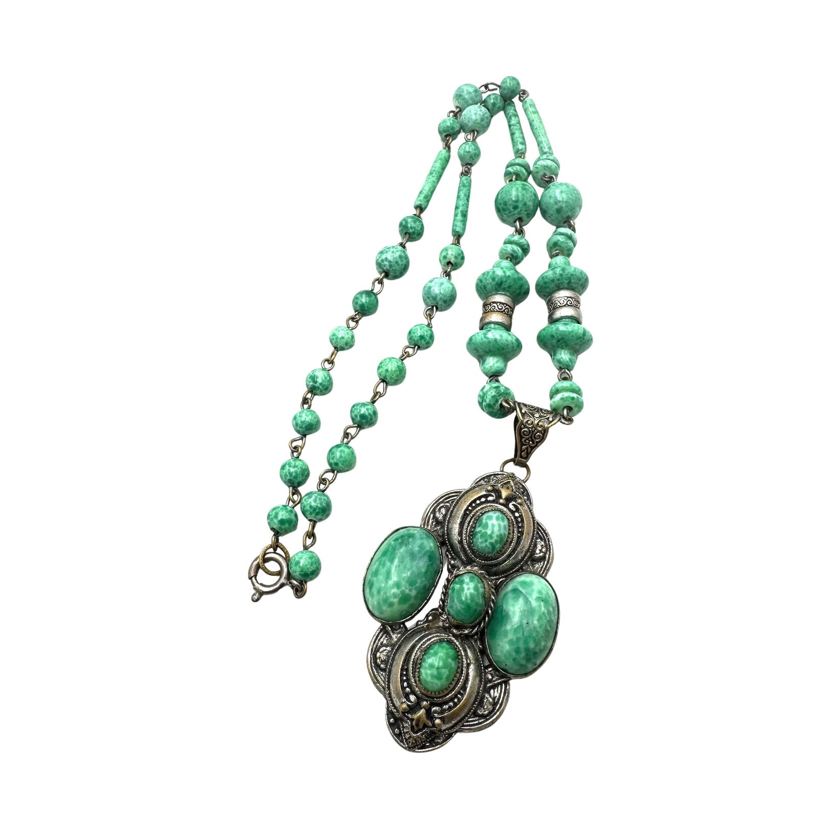 Antique Vintage Unsigned Neiger Green Peking Glass Silver Tone Pendant Necklace 17 Inch (1 of 2)