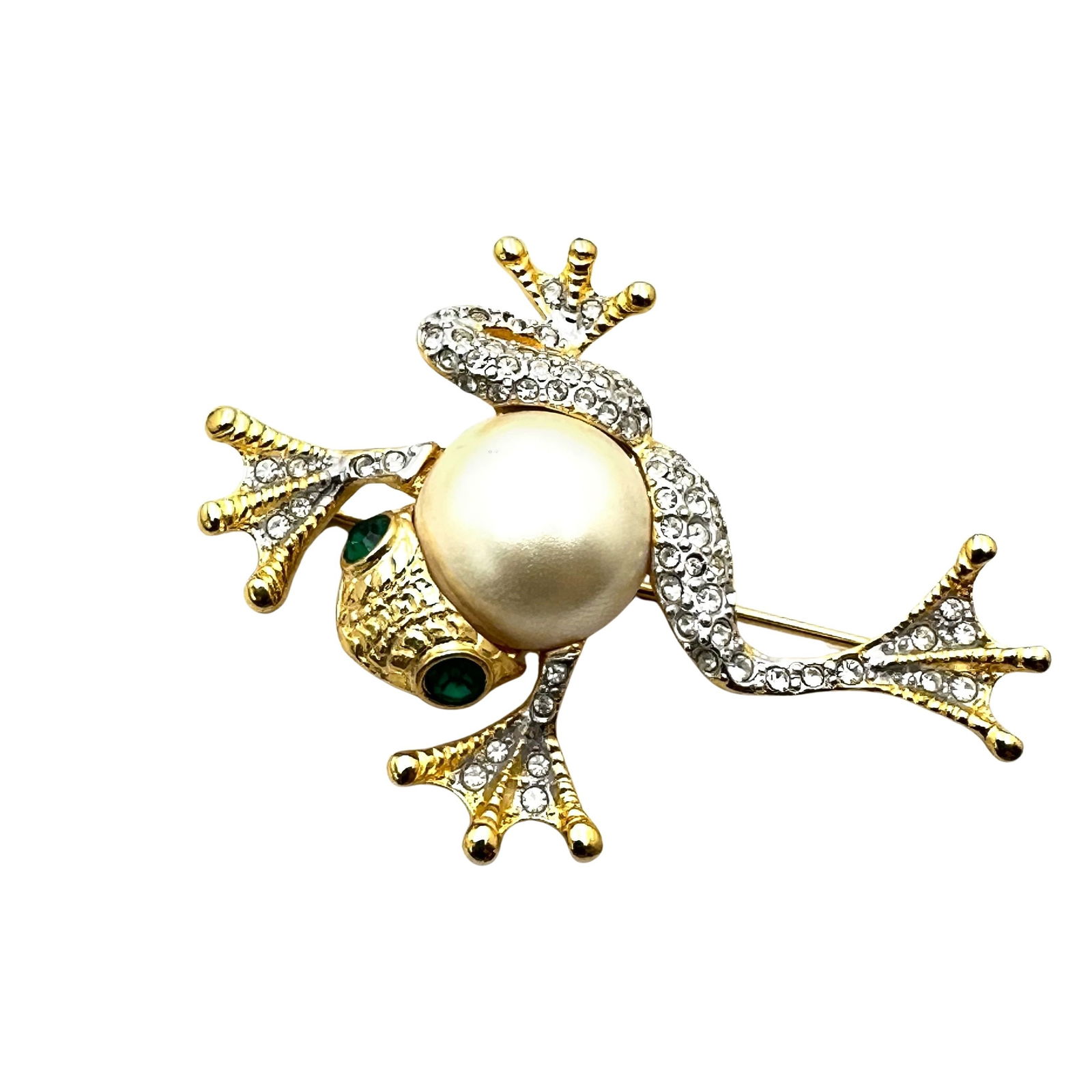 Vintage Kenneth Jay Lane KJL Crystal Pearl Belly Gold Tone Frog Brooch Pin (1 of 2)
