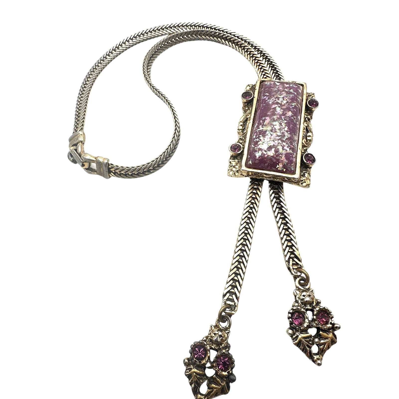 Vintage Unsigned Selro Selini Pink Confetti Lucite Rhinestone Gold Tone Slide Necklace 18 Inch (1 of 2)