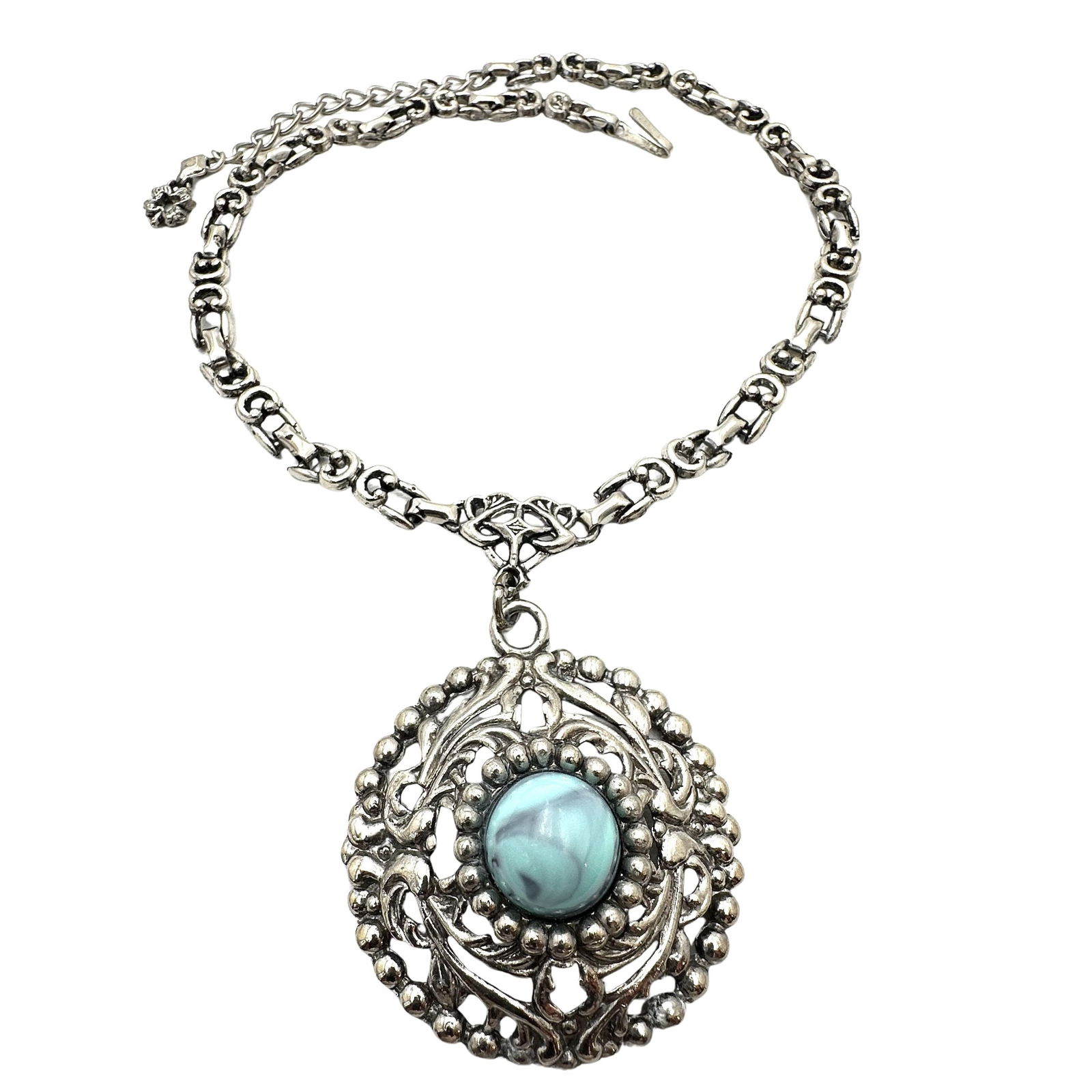 Vintage Unsigned Selro Selini Faux Turquoise Lucite Silver Tone Filigree Pendant Necklace 16 Inch: Vintage Unsigned Selro Selini Faux Turquoise Lucite Silver Tone Filigree Pendant Necklace 16 Inch