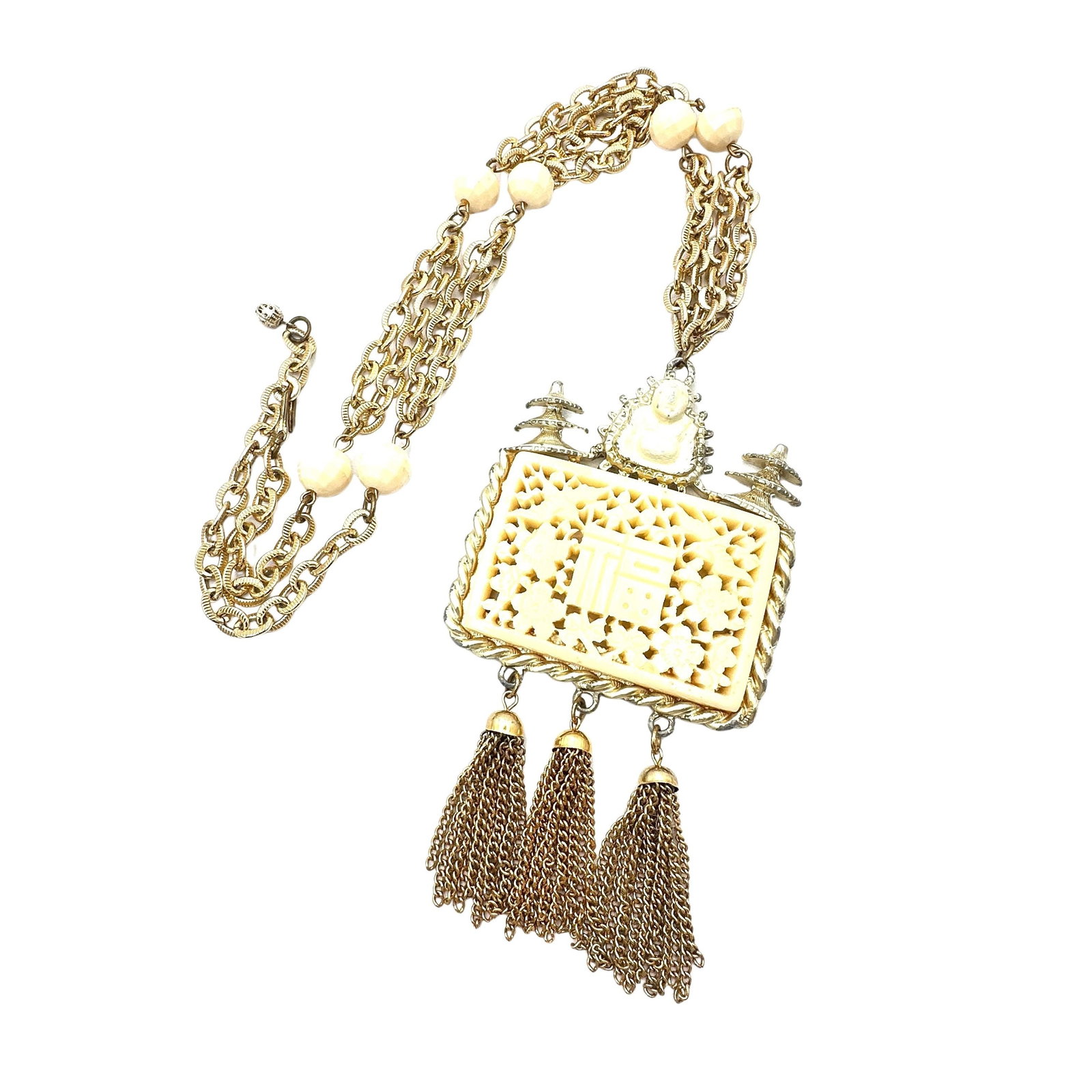 Vintage Unsigned Asian Design Pendant Buddha Gold Tone Necklace 24 Inch Chain (1 of 2)