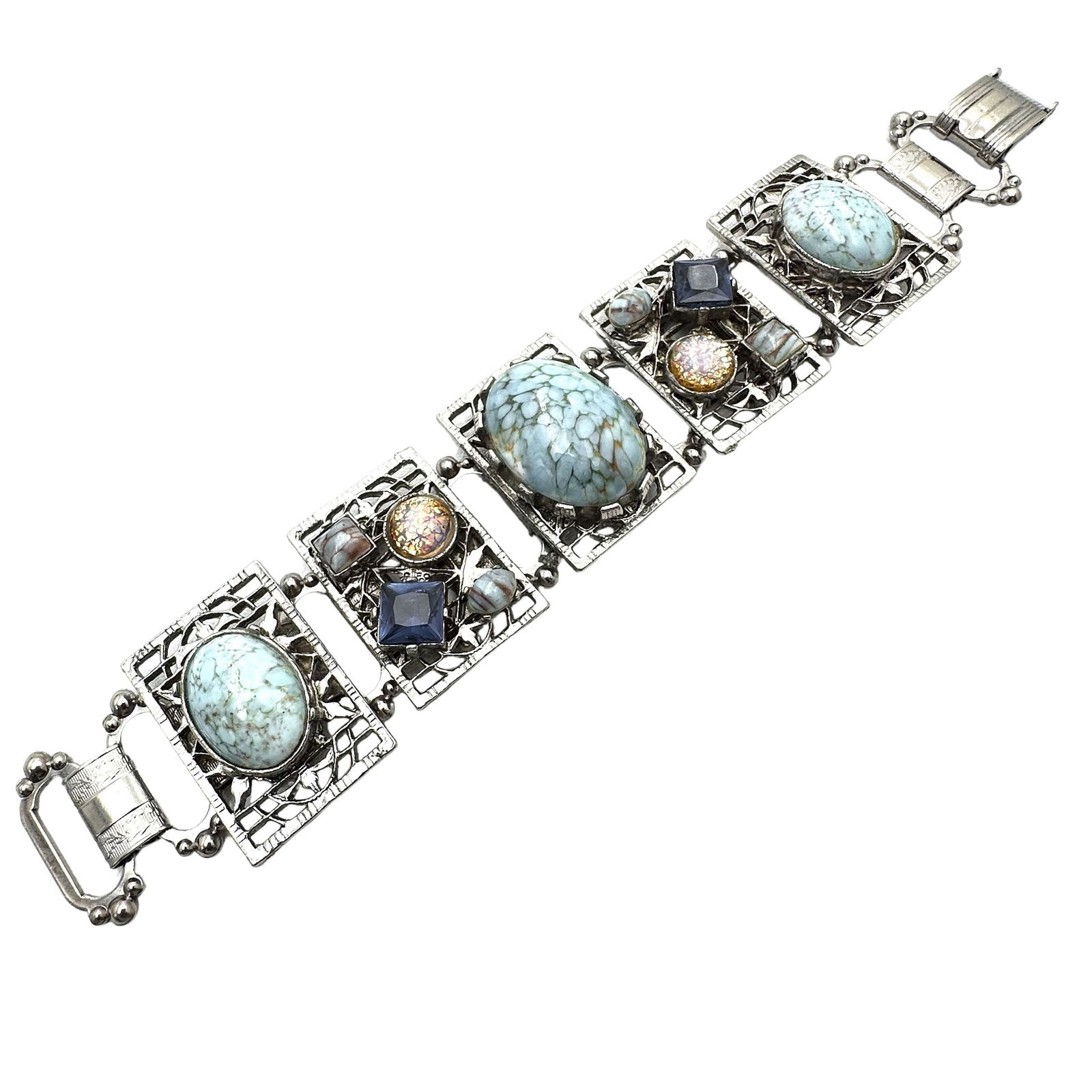 Vintage Unsigned Blue Speckled Glass Cabochon Silver Tone Boock Chain Bracelet 7 Inch (1 of 2)