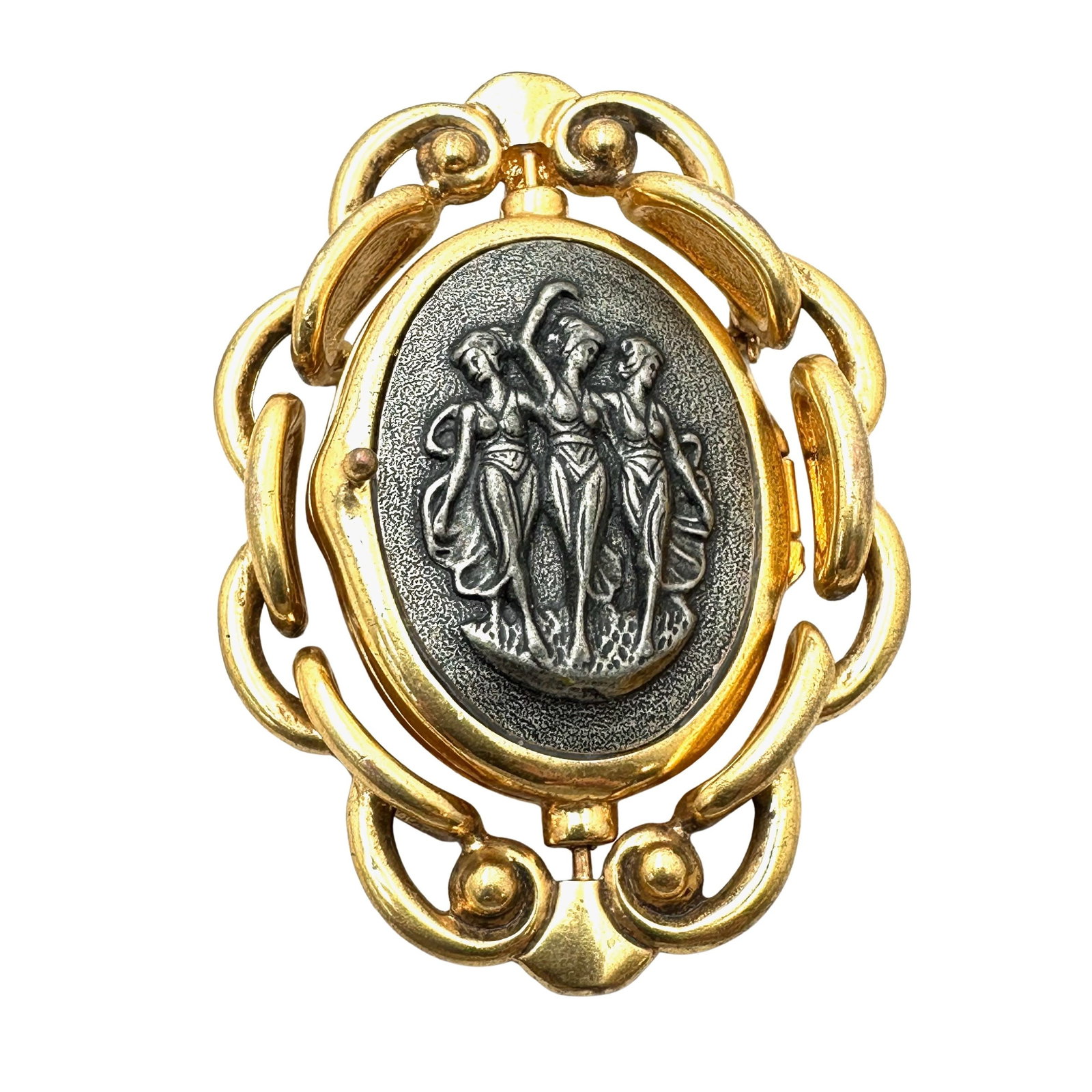 Vintage 3 Graces Rotating Picture Pin Brooch Pendant Gold Tone 2.5 Inch: Vintage 3 Graces Rotating Picture Pin Brooch Pendant Gold Tone 2.5 Inch