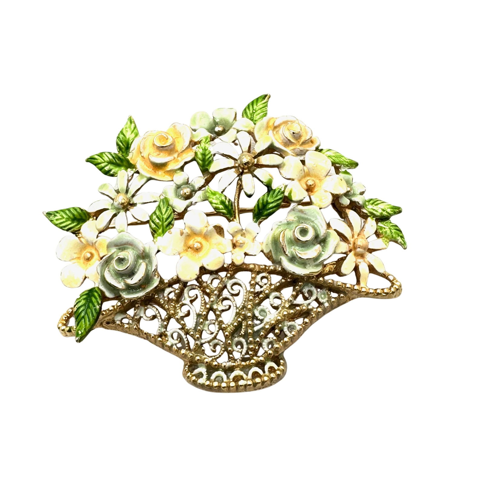 Vintage Enamel Flower Basket Gold Tone Brooch Pin 2.5 Inch: Vintage Enamel Flower Basket Gold Tone Brooch Pin 2.5 Inch
