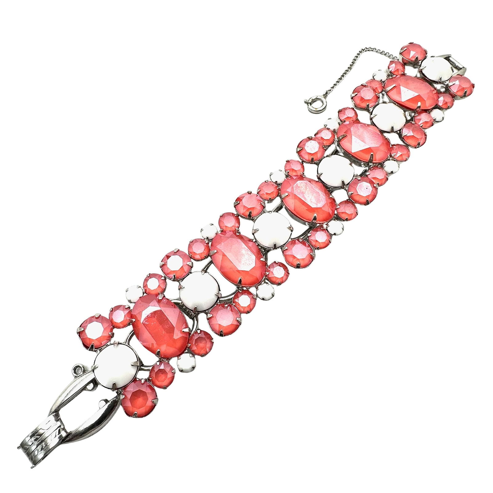 Vintage Juliana 5 Link Pink White Glass Rhinestone Silver Tone Bracelet 7 Inch (1 of 2)