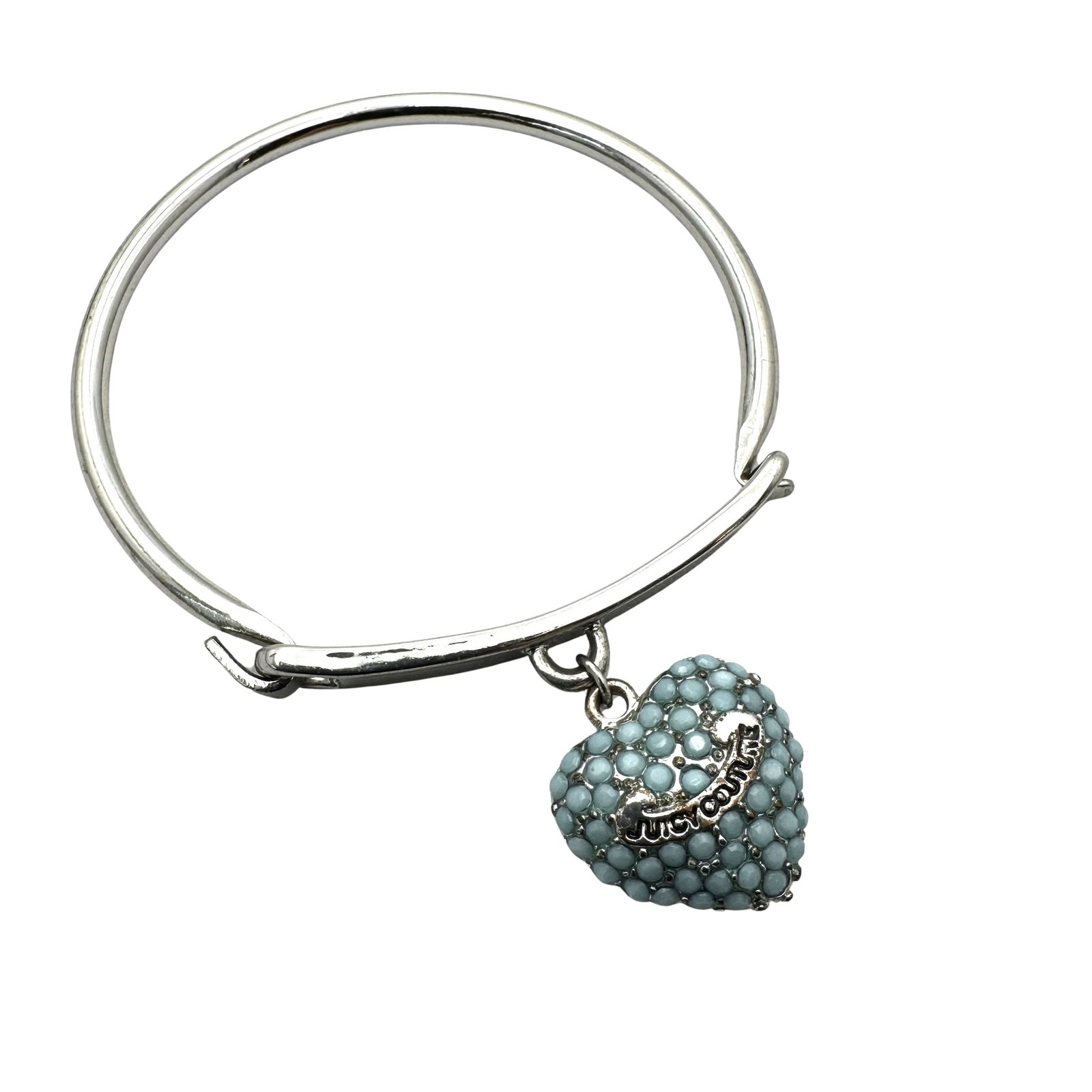 Juicy Couture Blue Turquoise Colored Rhinestone Heart Charm Silver Tone Bracelet: Juicy Couture Blue Turquoise Colored Rhinestone Heart Charm Silver Tone Bracelet