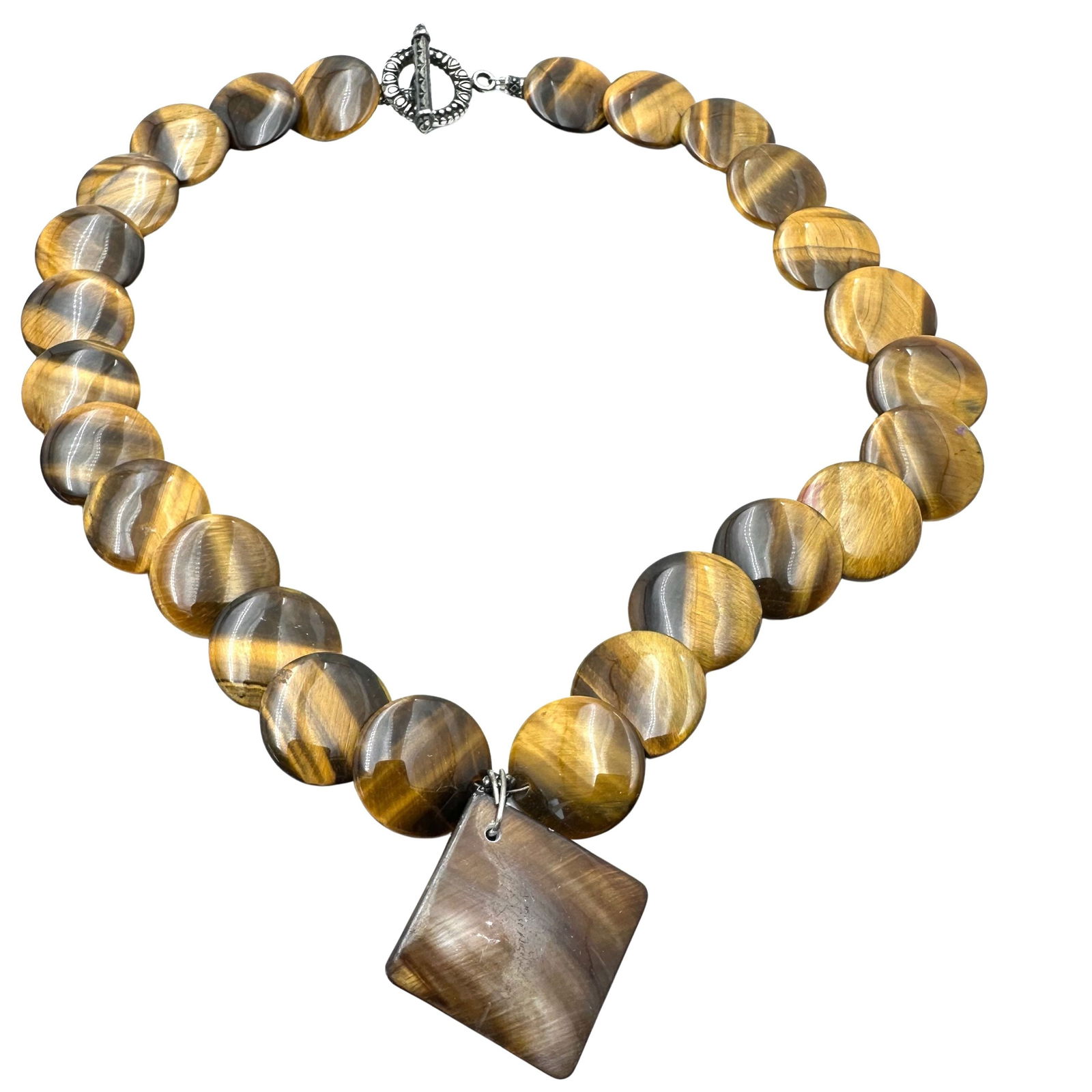 Vintage Tigers Eye Gemstone Disc Bead Necklace 16 Inch: Vintage Tigers Eye Gemstone Disc Bead Necklace 16 Inch