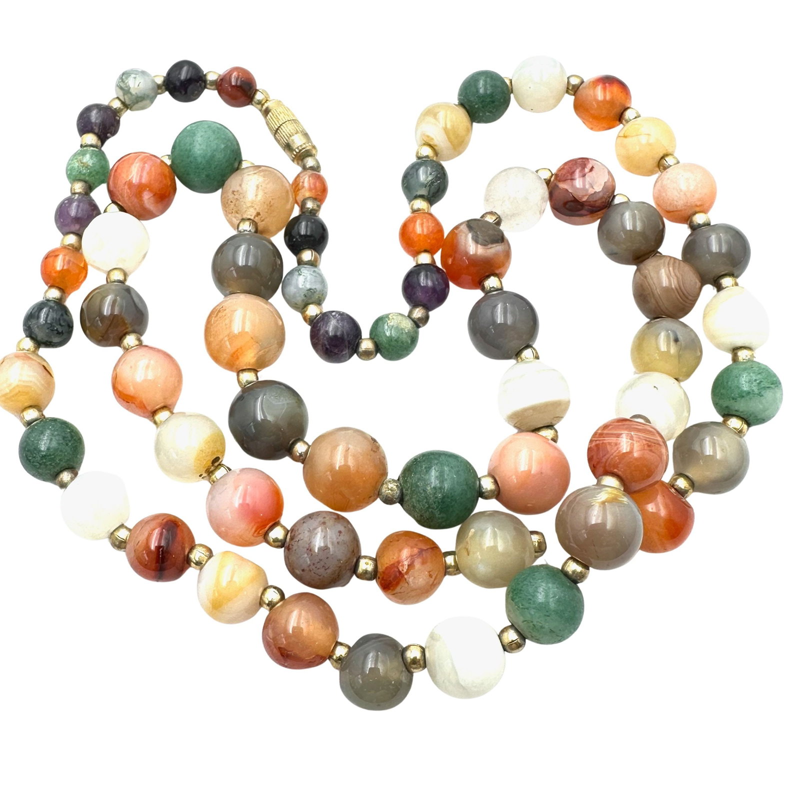 Vintage Multicolor Agate Gemstone Bead Gold Tone Necklace 28 Inch Length: Vintage Multicolor Agate Gemstone Bead Gold Tone Necklace 28 Inch Length