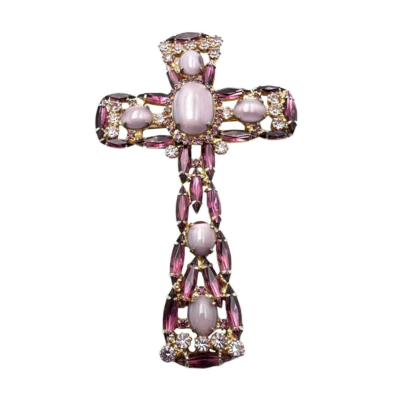 Vintage Unsigned Alice Caviness Purple Glass Rhinestone Gold Tone Cross Pendant Pin 4 Inch: Vintage Unsigned Alice Caviness Purple Glass Rhinestone Gold Tone Cross Pendant Pin 4 Inch