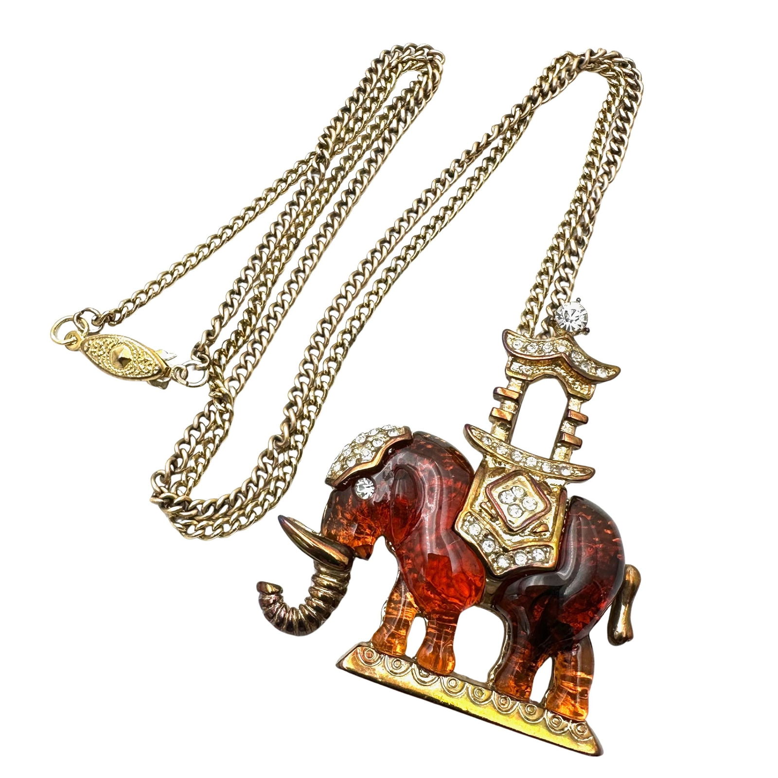 Vintage Faux Tortoise Gold Tone Elephant Pendant Necklace 30 Inch Chain (1 of 2)