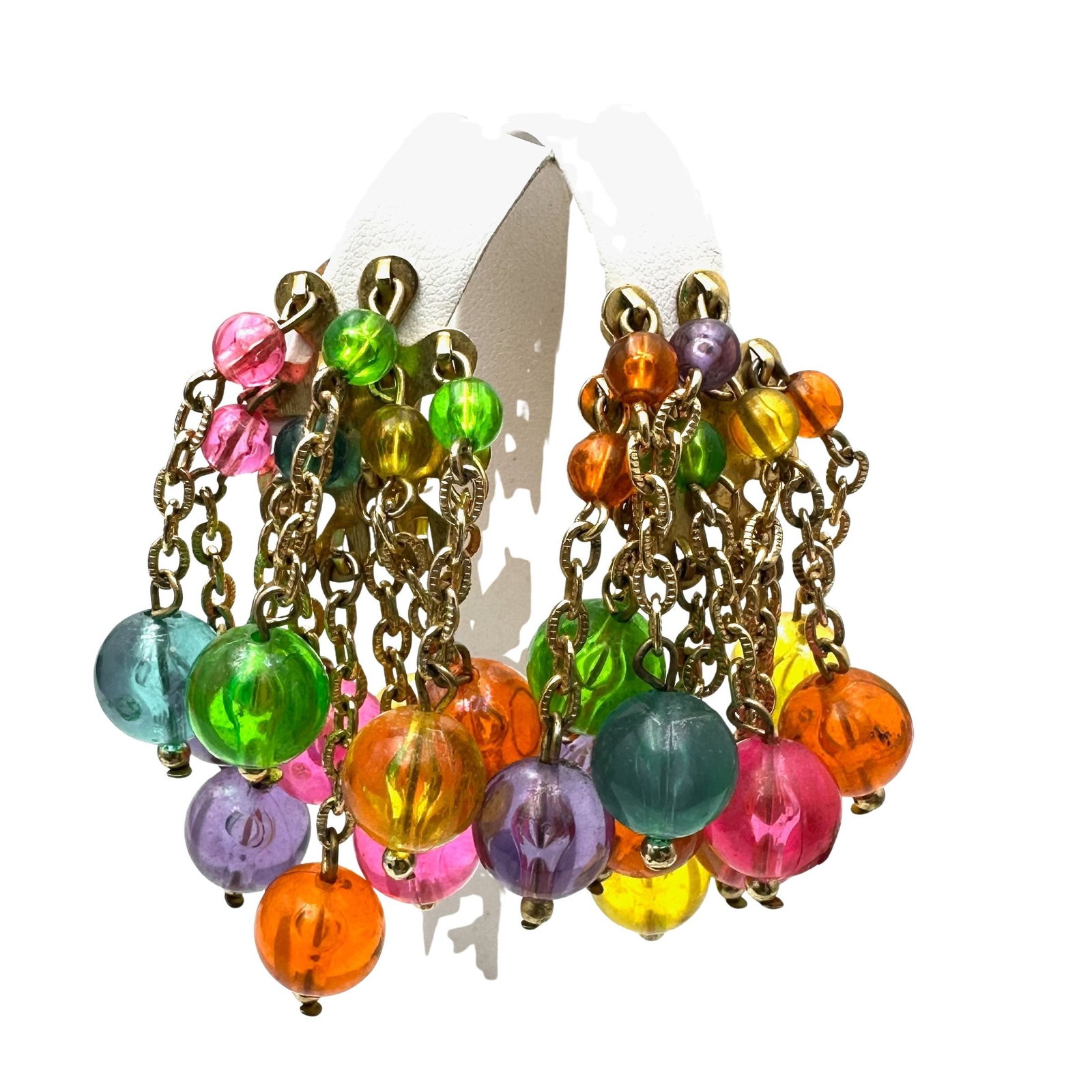 Vintage Fun Multicolor Lucite Bead Gold Tone Chandelier Clip Earrings: Vintage Fun Multicolor Lucite Bead Gold Tone Chandelier Clip Earrings