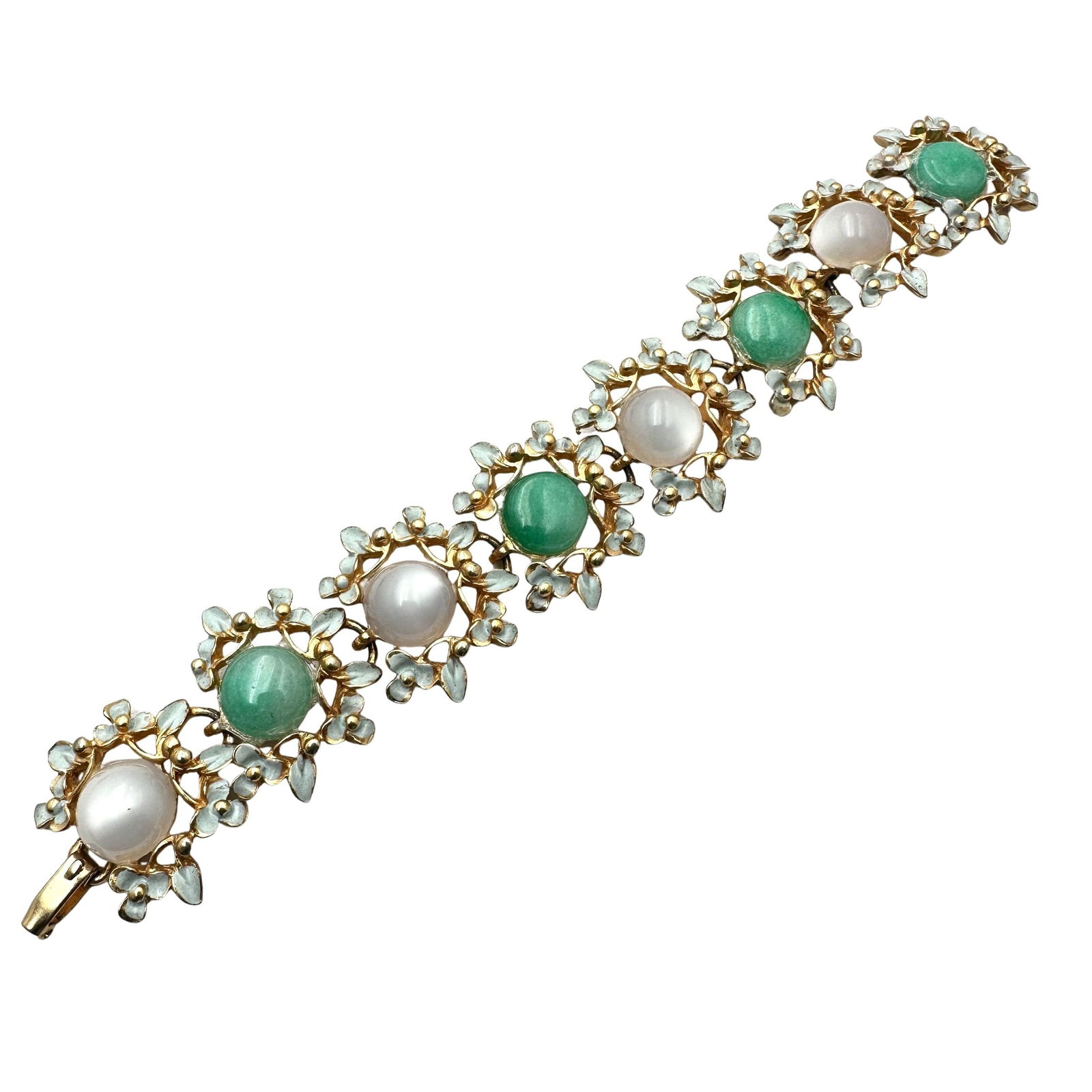 Vintage Light Blue Green Cabochon Enamel Floral Design Gold Tone Bracelet 7 Inch (1 of 2)