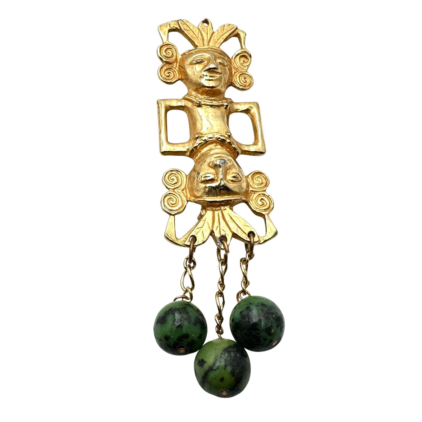 Vintage Aztec Design Gold Tone 4 Inch Brooch Pin with Green Gemstone Dangling Beads (1 of 2)