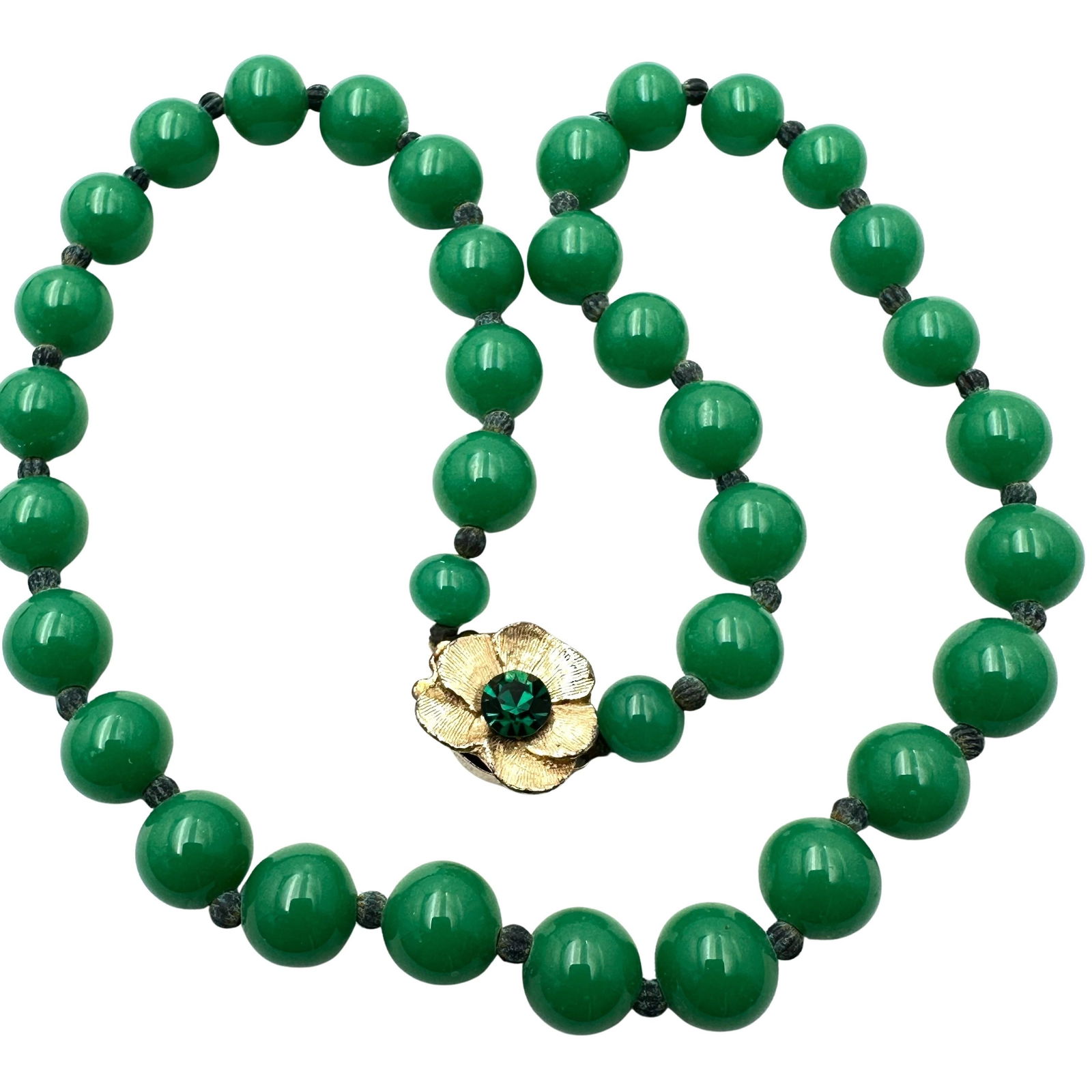 Vintage Green Czech Glass Bead 17 Inch Necklace Gold Tone Rhinestone Flower Clasp: Vintage Green Czech Glass Bead 17 Inch Necklace Gold Tone Rhinestone Flower Clasp