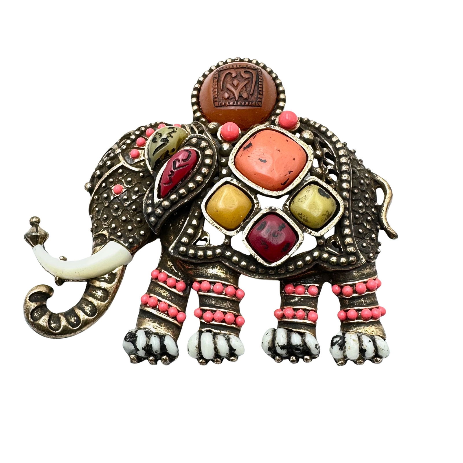 Vintage Unsigned Hattie Carnegie Multicolor Antiqued Gold Tone Elephant Pin Pendant 3 Inch (1 of 2)