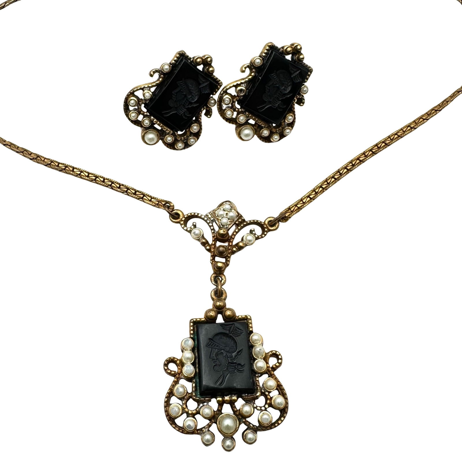 Vintage Intaglio Pendant Antiqued Gold Tone Necklace and Screw Back Earrings Set (1 of 2)