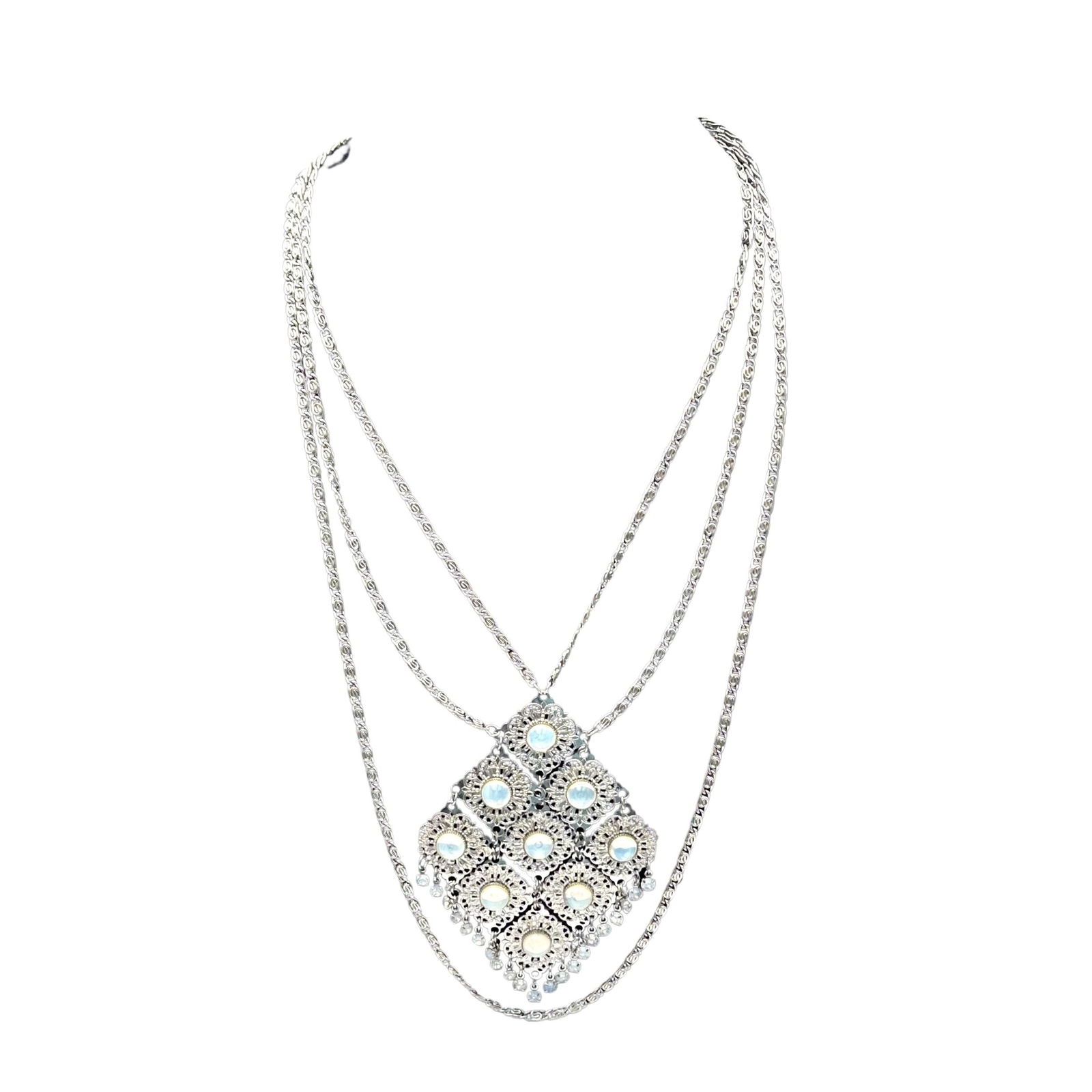 Vintage Opalescent Glass Cabochon Silver Tone Filigree Pendant Necklace 22 Inch (1 of 2)