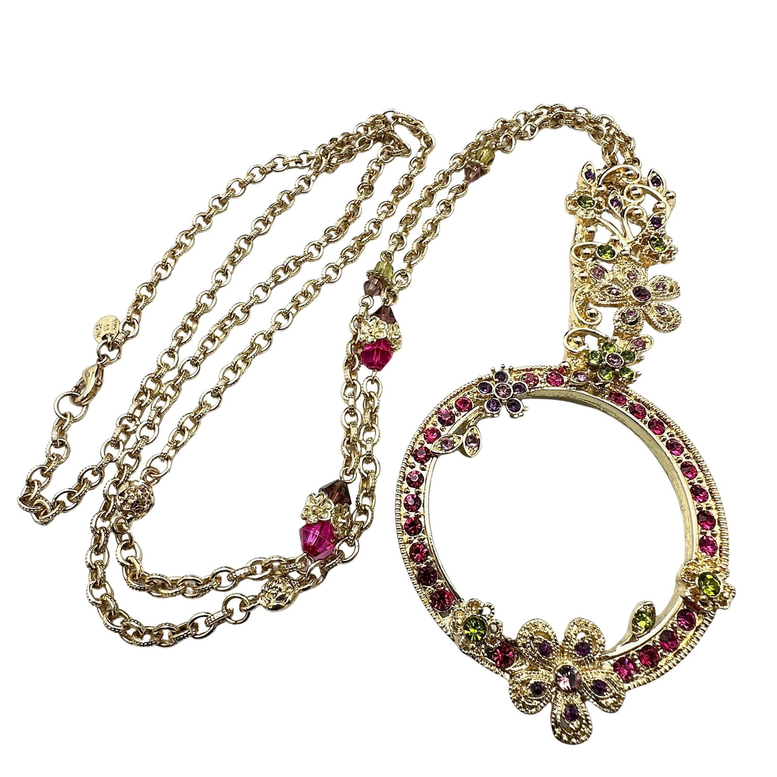 Vintage Pink Pastel Crystal Gold Tone Magnifying Glass Necklace 32 Inch Chain: Vintage Pink Pastel Crystal Gold Tone Magnifying Glass Necklace 32 Inch Chain