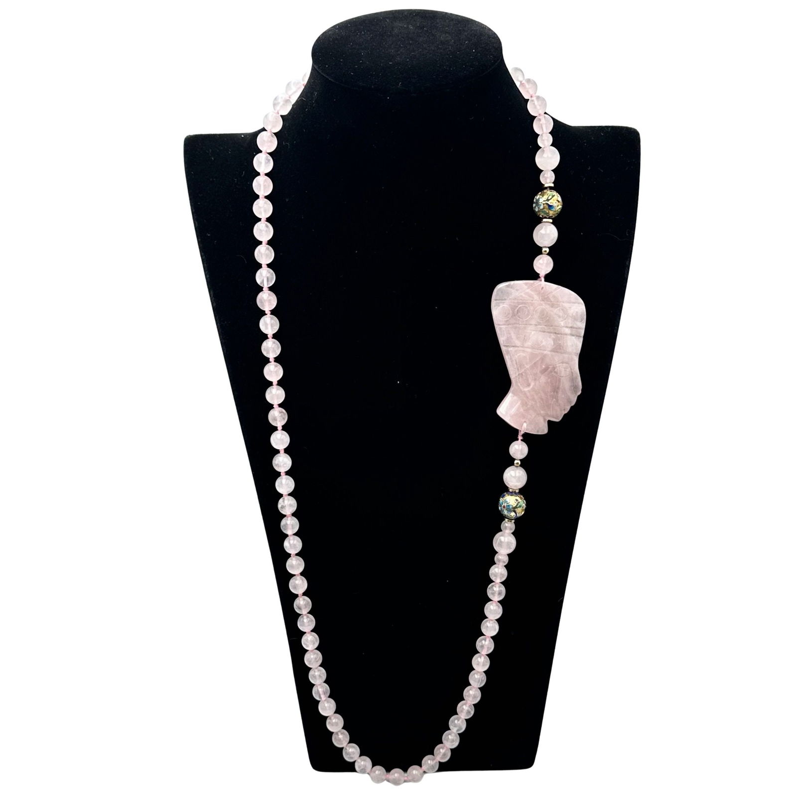 Vintage Egyptian Revival Carved Rose Quartz Bead Cloisonne' Necklace 30 Inch (1 of 2)