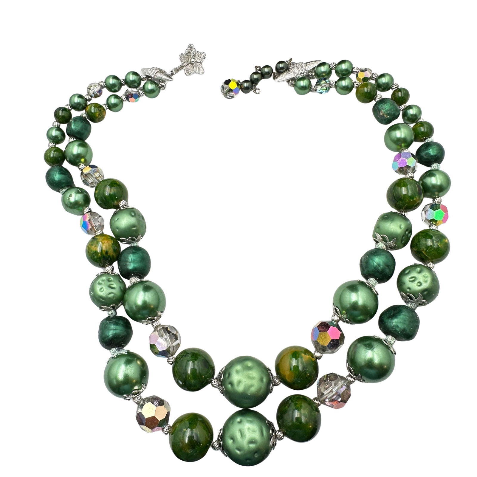 Vintage Vendome Green Glass Bead Multi Strand Silver Tone Necklace (1 of 2)
