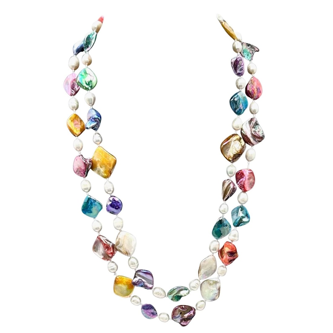 Vintage Multi Color Mother of Pearl Knotted Bead Necklace 44 Inch Length (1 of 2)