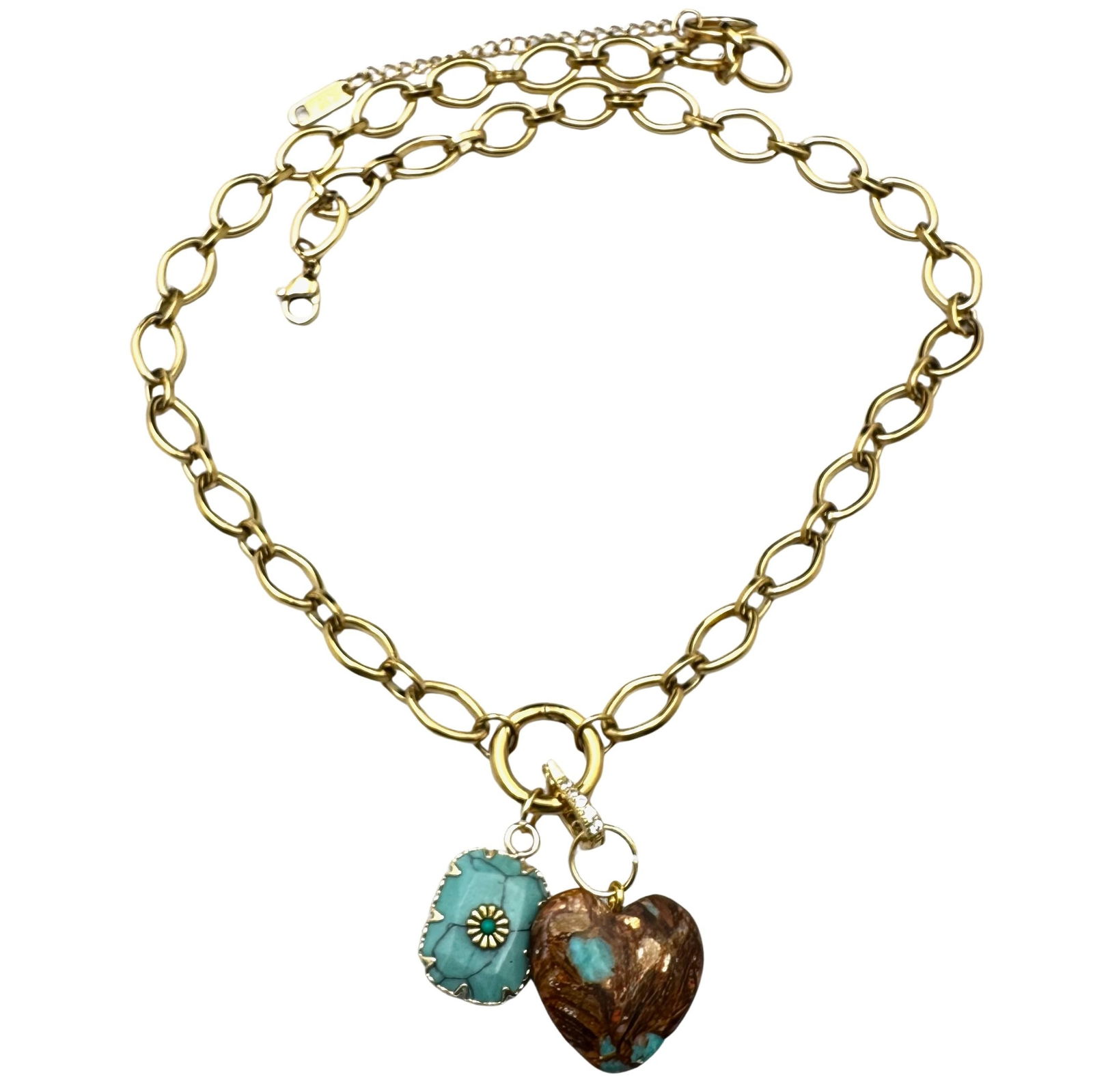 Brown Turquoise Blue Gemstone Charm Necklace Gold Plated Chain 16 to 18 Inch (1 of 2)