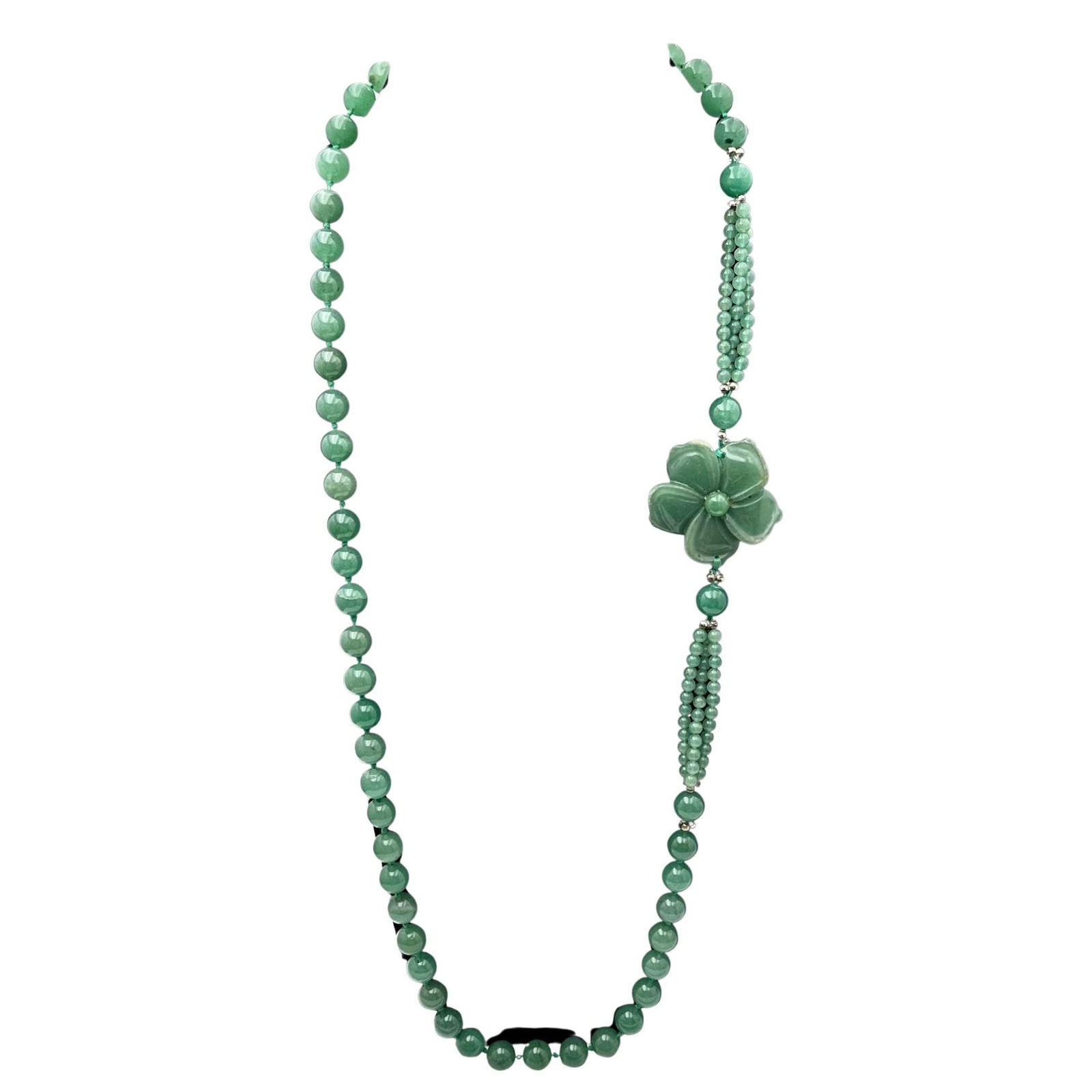 Vintage Green Gemstone Flower Station Bead Necklace 30 Inch: Vintage Green Gemstone Flower Station Bead Necklace 30 Inch