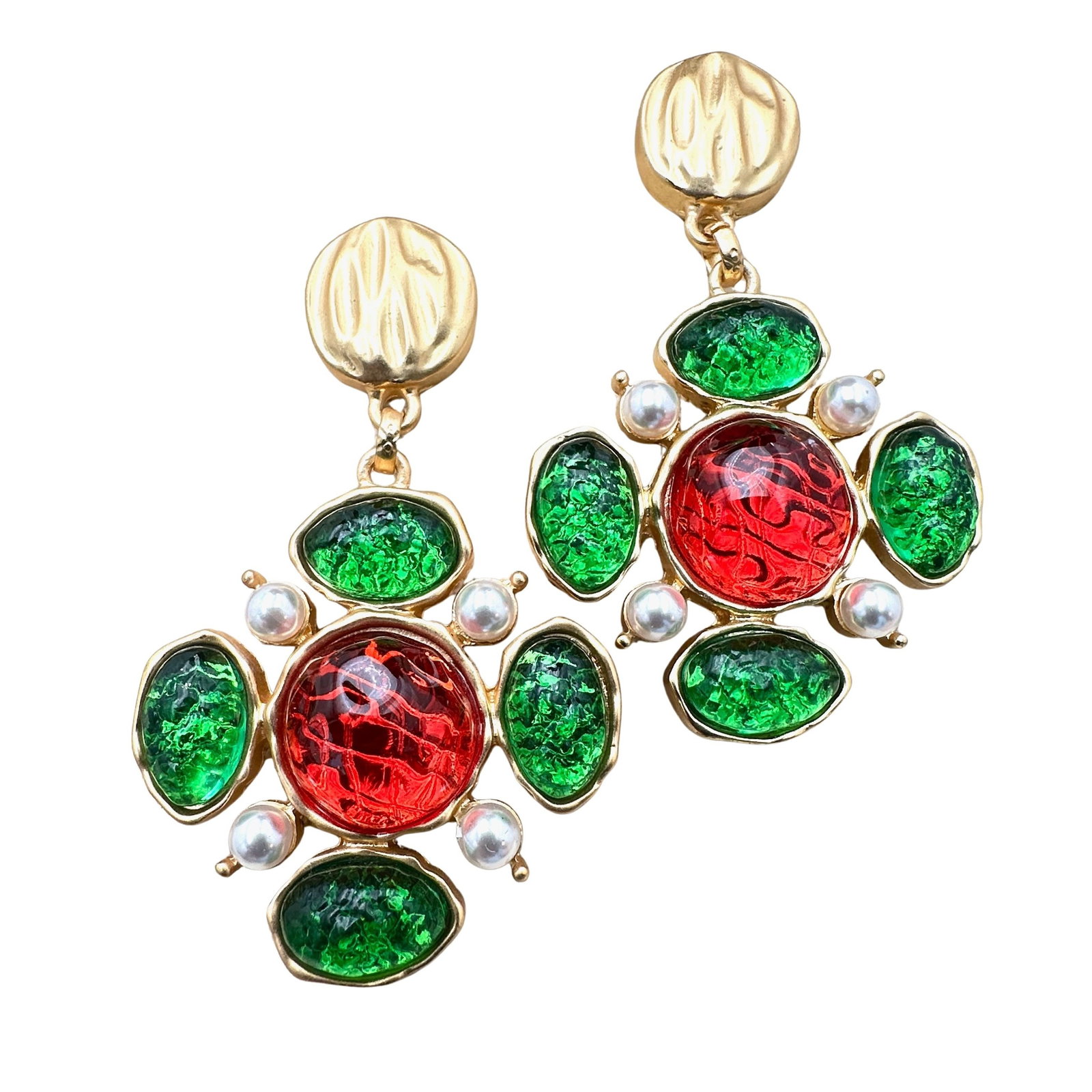 Gripoix Glass Style Faux Pearl Matte Gold Tone Pierced Chandelier Earrings 2.5 Inch: Gripoix Glass Style Faux Pearl Matte Gold Tone Pierced Chandelier Earrings 2.5 Inch