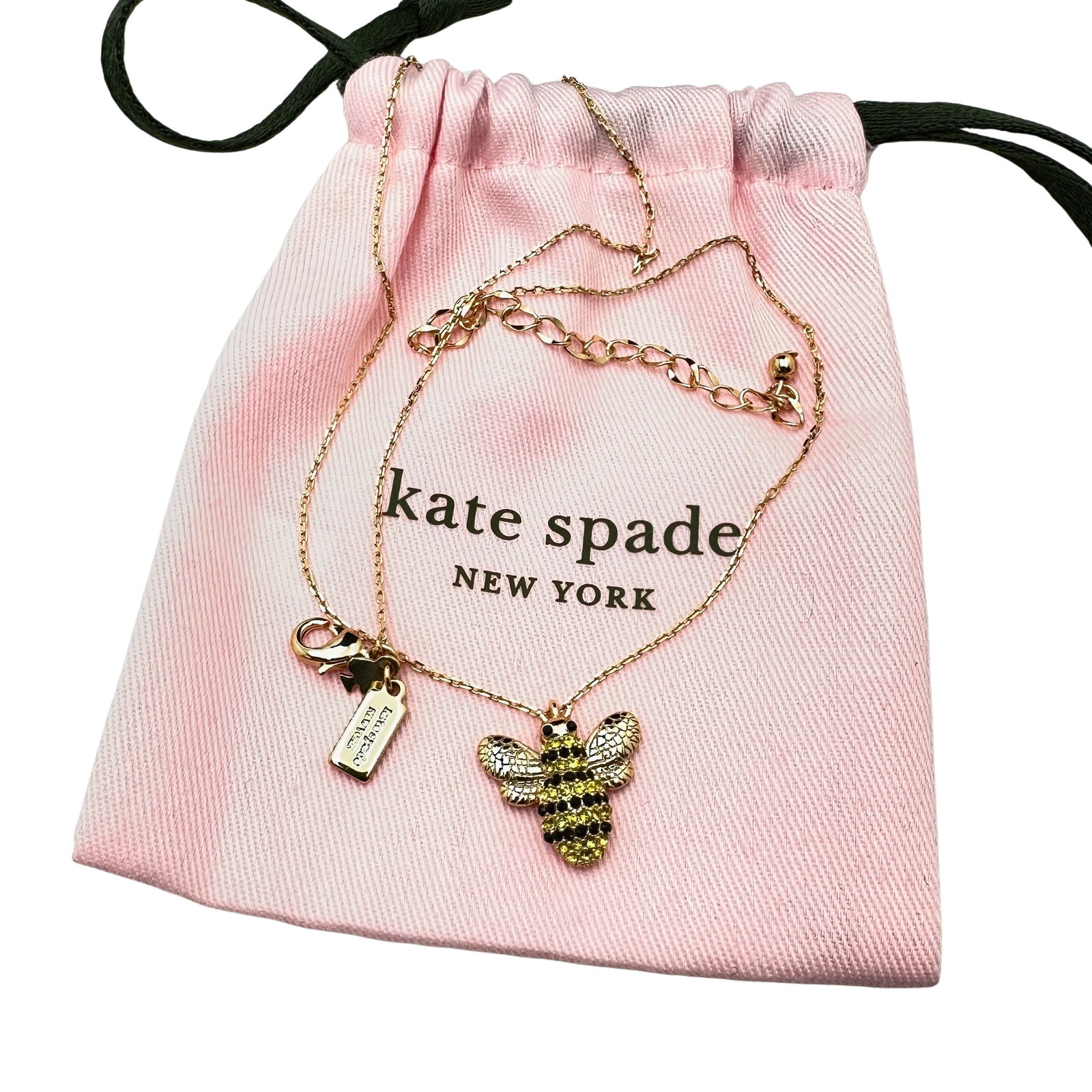 Kate Spade Crystal Bumble Bee Pendant Gold Tone Necklace with Fabric Pouche: Kate Spade Crystal Bumble Bee Pendant Gold Tone Necklace with Fabric Pouche