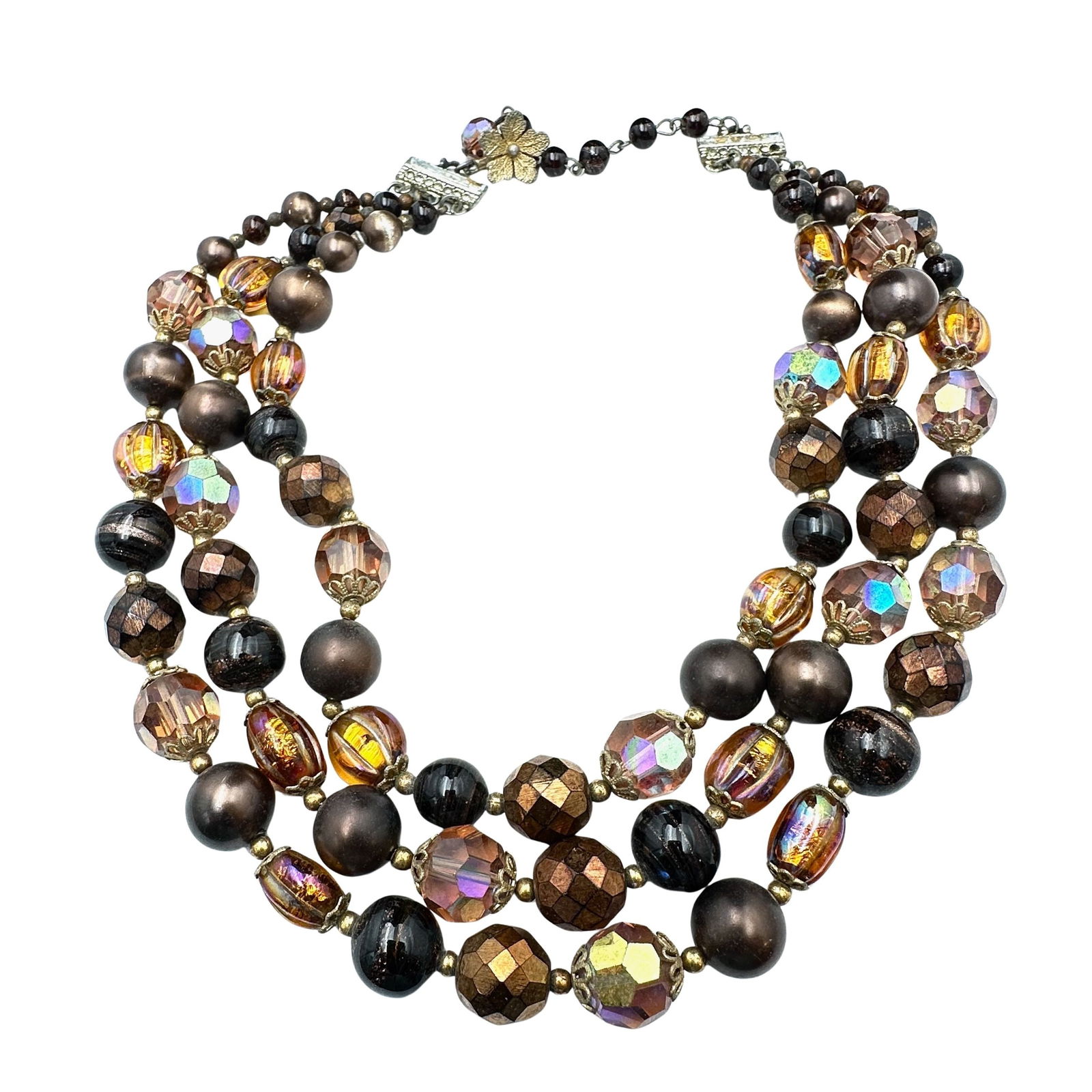 Vintage Vendome Glass Bead and Crystal Triple Strand Necklace Antiqued Gold Tone 16 Inch: Vintage Vendome Glass Bead and Crystal Triple Strand Necklace Antiqued Gold Tone 16 Inch
