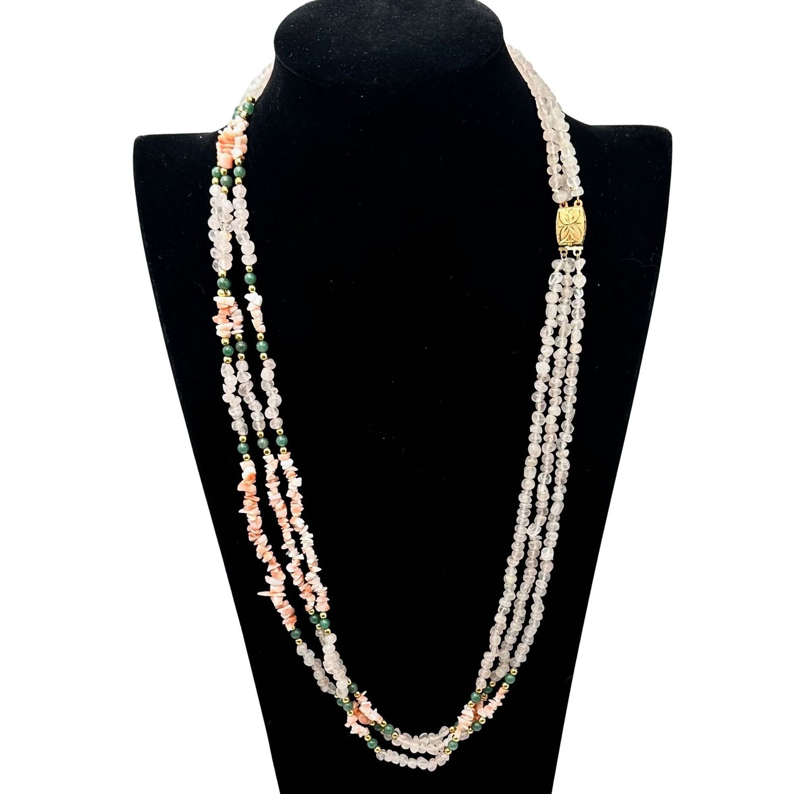 Vintage Multi Strand Necklace Rose Quartz Angel Skin Coral and Jade 24 Inch Length: Vintage Multi Strand Necklace Rose Quartz Angel Skin Coral and Jade 24 Inch Length
