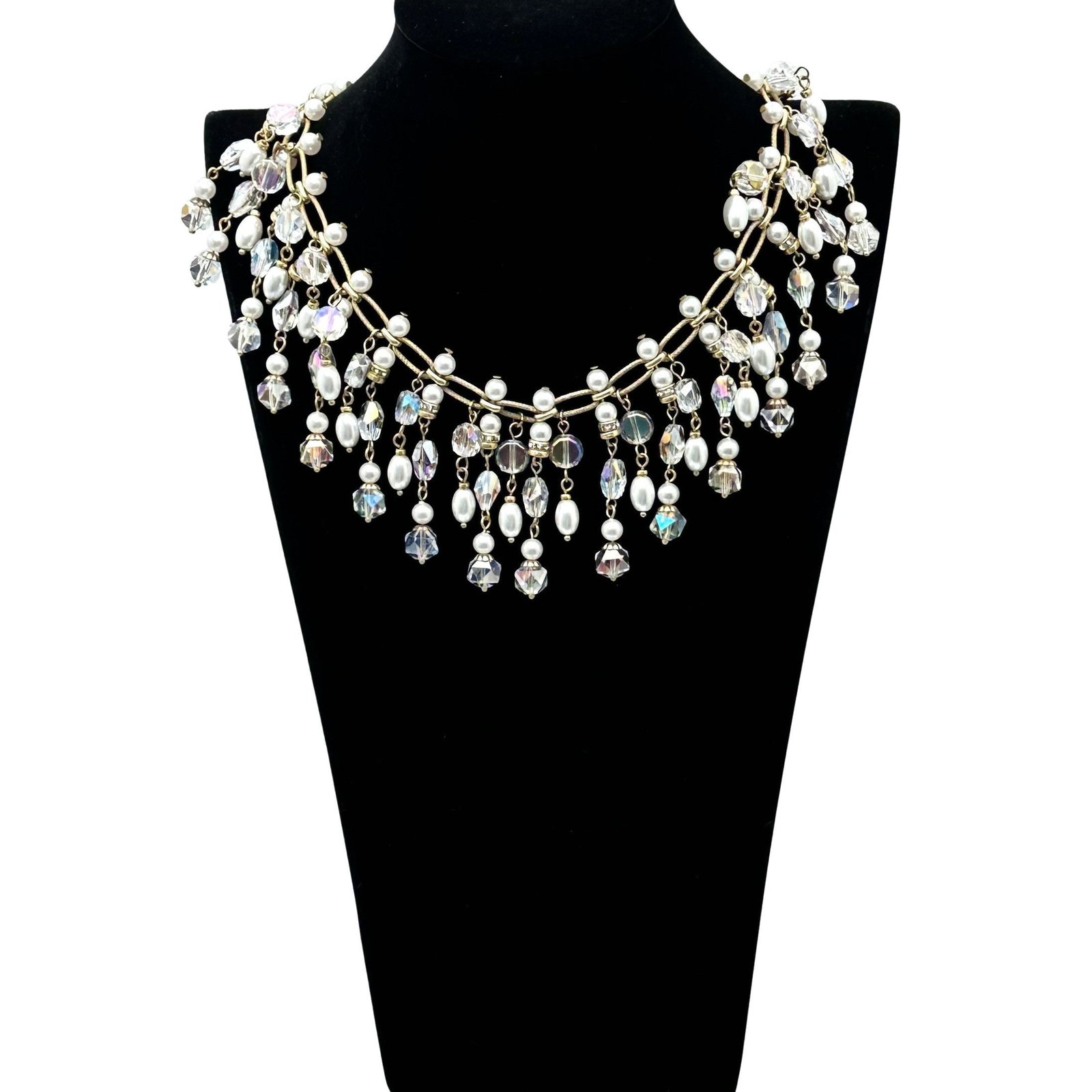 Clear Crystal Faux Pearl Gold tone Bib Statement Necklace Pristine Condition 16 Inch (1 of 2)