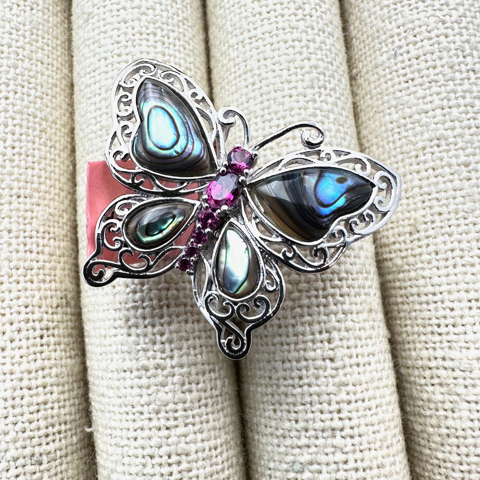 Pink Gemstone Abalone Filigree Butterfly Silver Plated Costume Ring Size 9 (1 of 2)