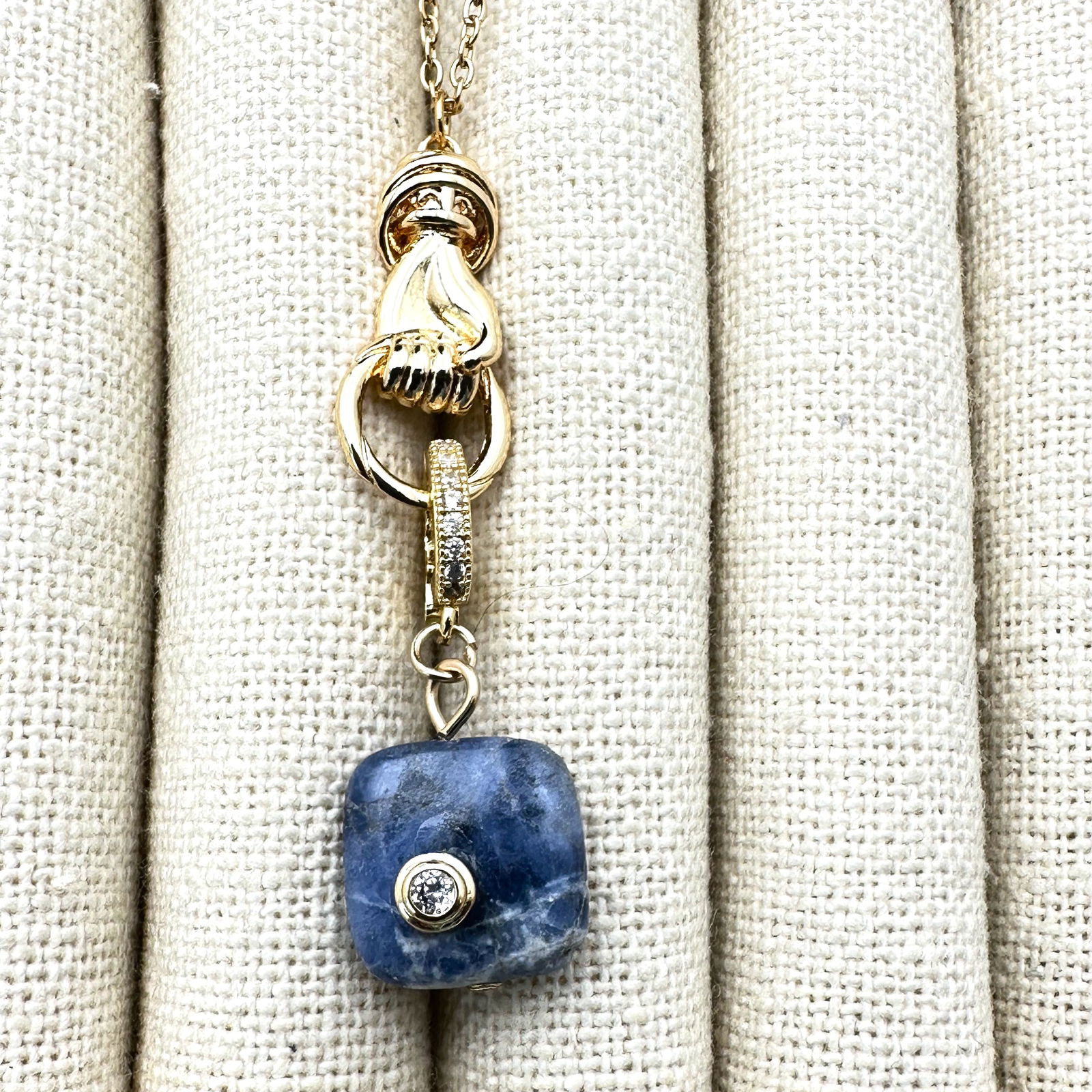 Denim Lapis Gemstone Pendant Gold Plated Figa Necklace 18 Inch: Denim Lapis Gemstone Pendant Gold Plated Figa Necklace 18 Inch