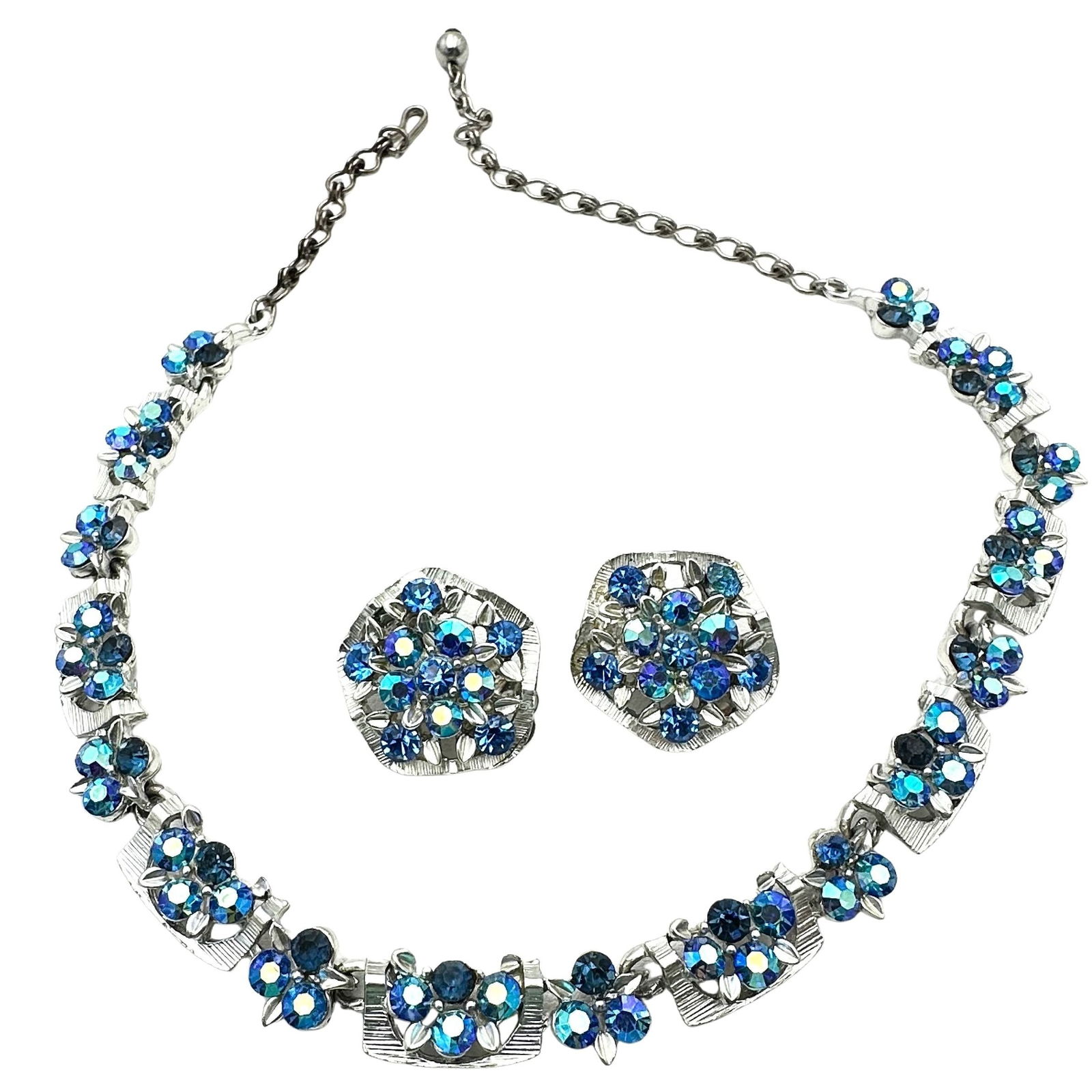 Vintage BSK Blue Aurora Borealis Rhinestone Silver Tone Necklace and Clip Earrings Set (1 of 2)