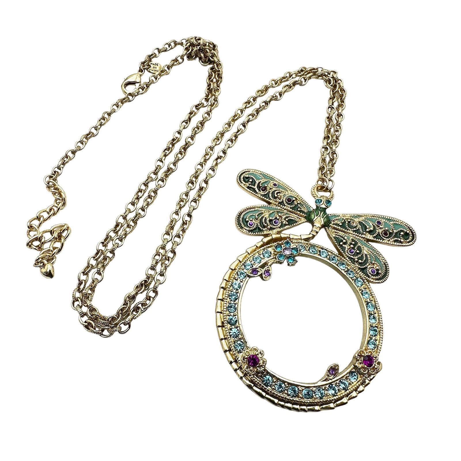 Vintage Multicolor Crystal Dragonfly Magnifying Glass Pendant Necklace Gold Tone Chain 30 Inch: Vintage Multicolor Crystal Dragonfly Magnifying Glass Pendant Necklace Gold Tone Chain 30 Inch