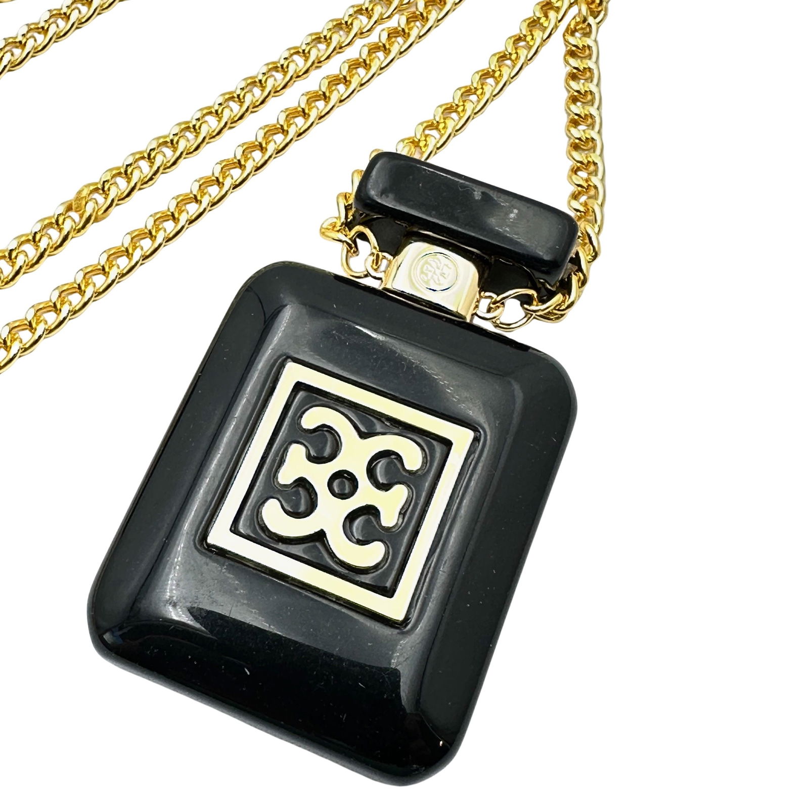 Retro Black Gold Perfume Bottle Pendant Necklace 30 Inch Gold Tone Chain: Retro Black Gold Perfume Bottle Pendant Necklace 30 Inch Gold Tone Chain