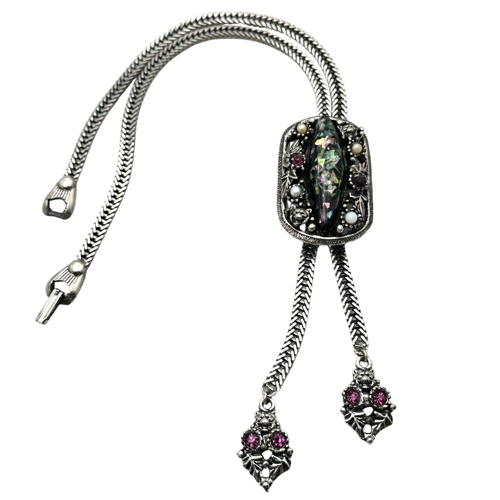 Vintage Selro Selini Confetti Lucite Rhinestone Silver Tone Lariat Necklace: Vintage Selro Selini Confetti Lucite Rhinestone Silver Tone Lariat Necklace