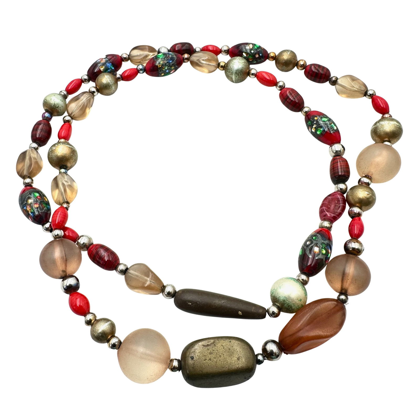 Vintage Italian Murano Glass Bead Necklace 30 Inch Length Red Multicolor: Vintage Italian Murano Glass Bead Necklace 30 Inch Length Red Multicolor