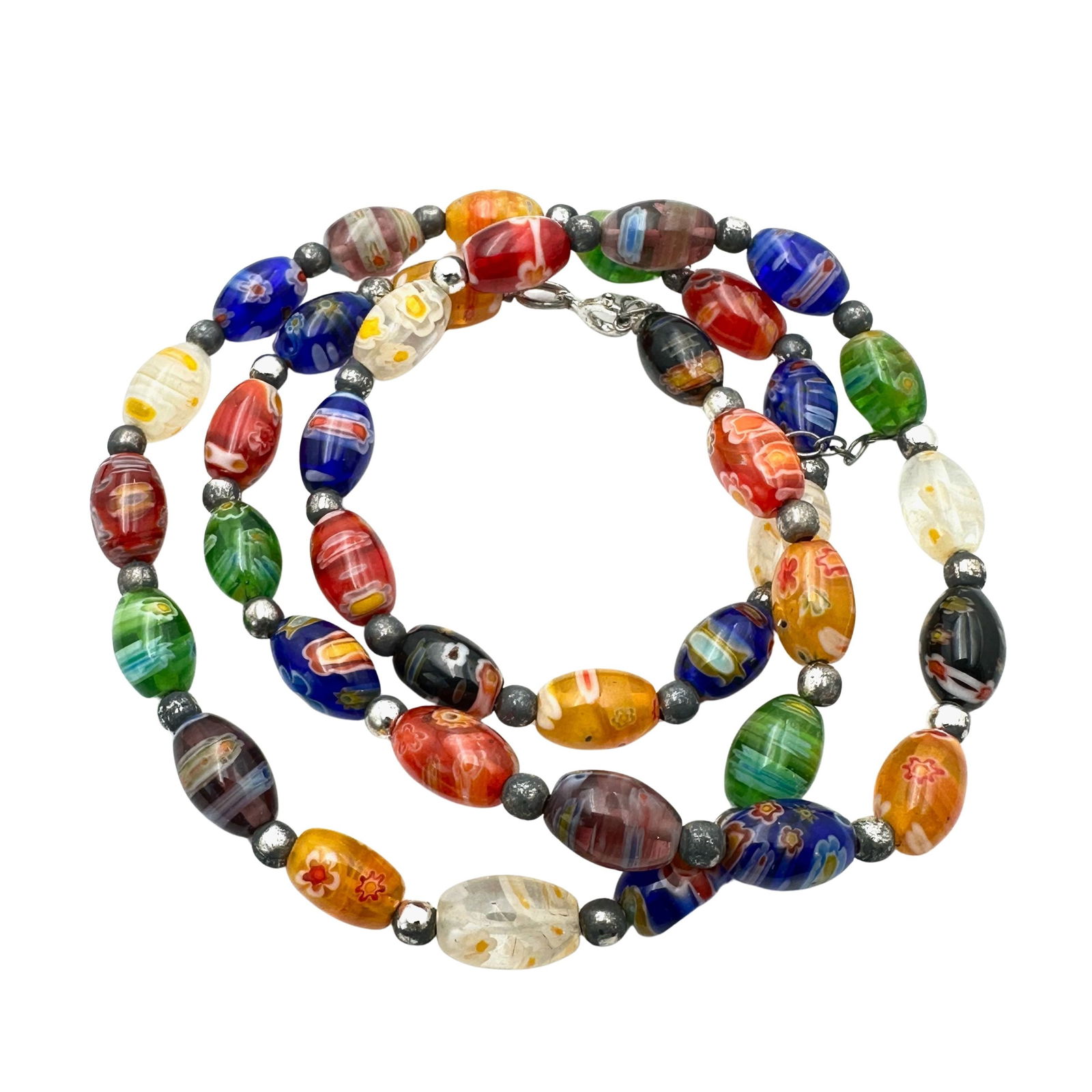 Vintage Multicolor Italian Murano Glass Bead Necklace 22 Inch Silver tone: Vintage Multicolor Italian Murano Glass Bead Necklace 22 Inch Silver tone