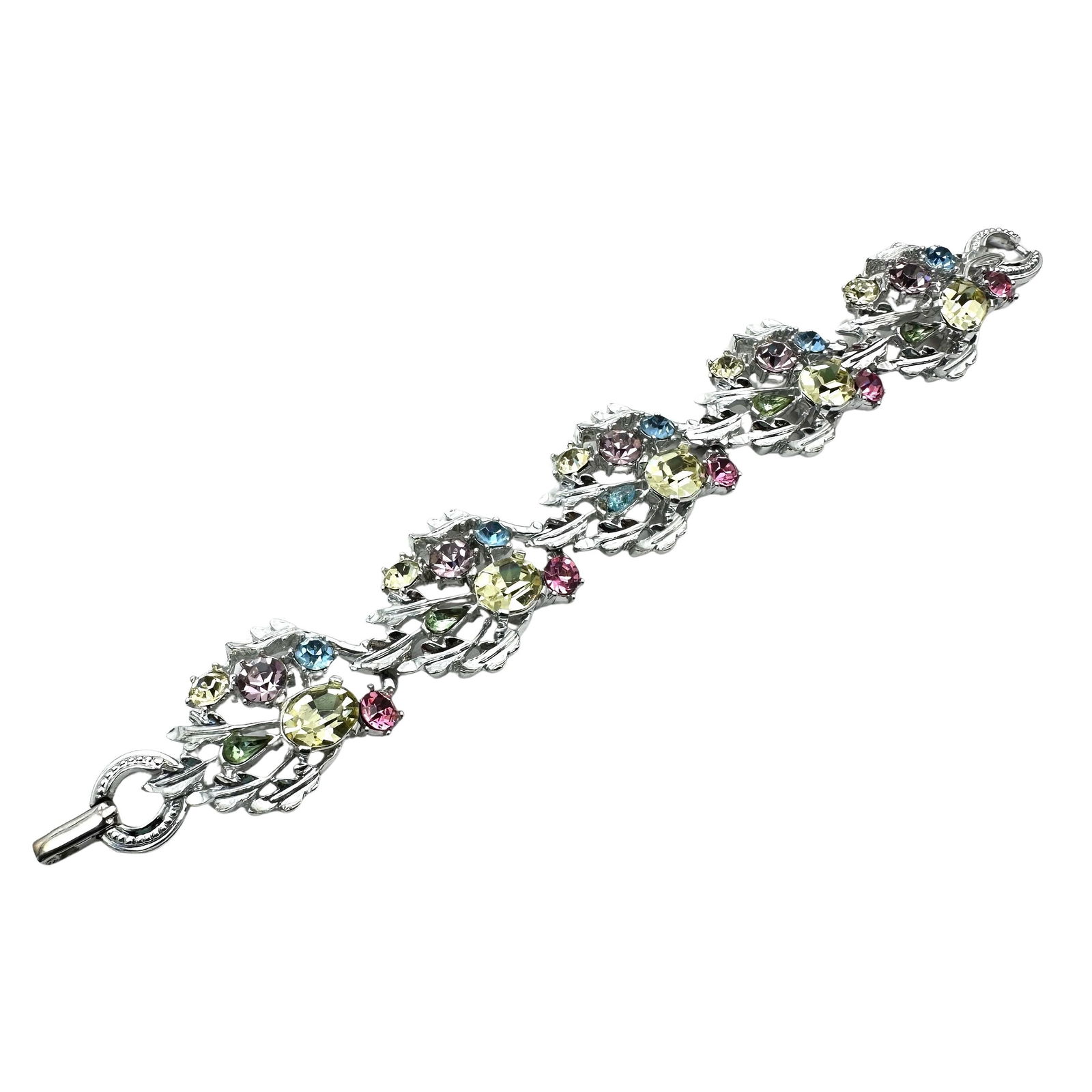Vintage Lisner Pastel Rhinestone Silver Tone Bracelet 7 Inch: Vintage Lisner Pastel Rhinestone Silver Tone Bracelet 7 Inch