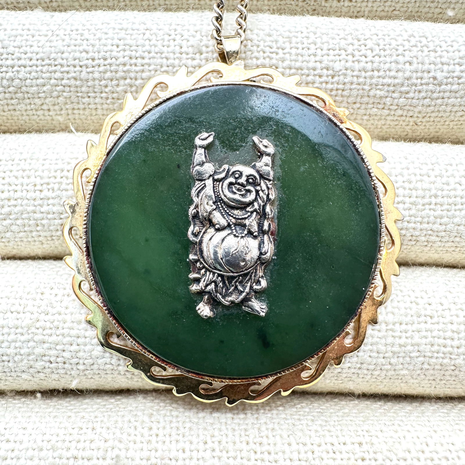 Vintage Green Jade Buddha Pendant Necklace 22 Inch Chain (1 of 2)