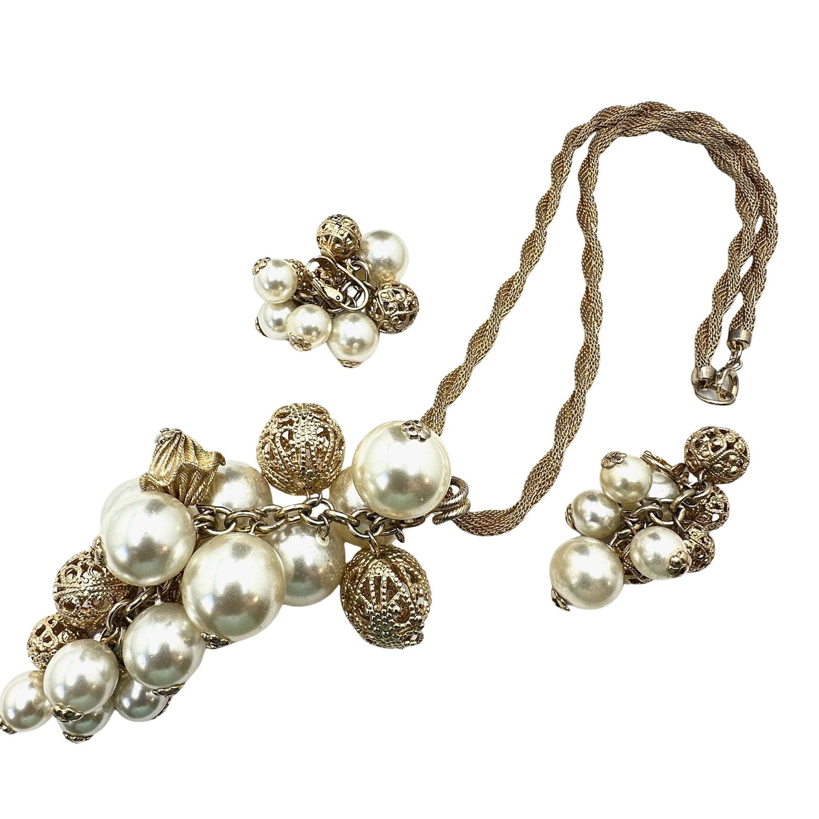 Vintage Gold tone Faux Pearl Filigree Bead Waterfall Pendant Necklace And Clip Earrings Set: Vintage Gold tone Faux Pearl Filigree Bead Waterfall Pendant Necklace And Clip Earrings Set