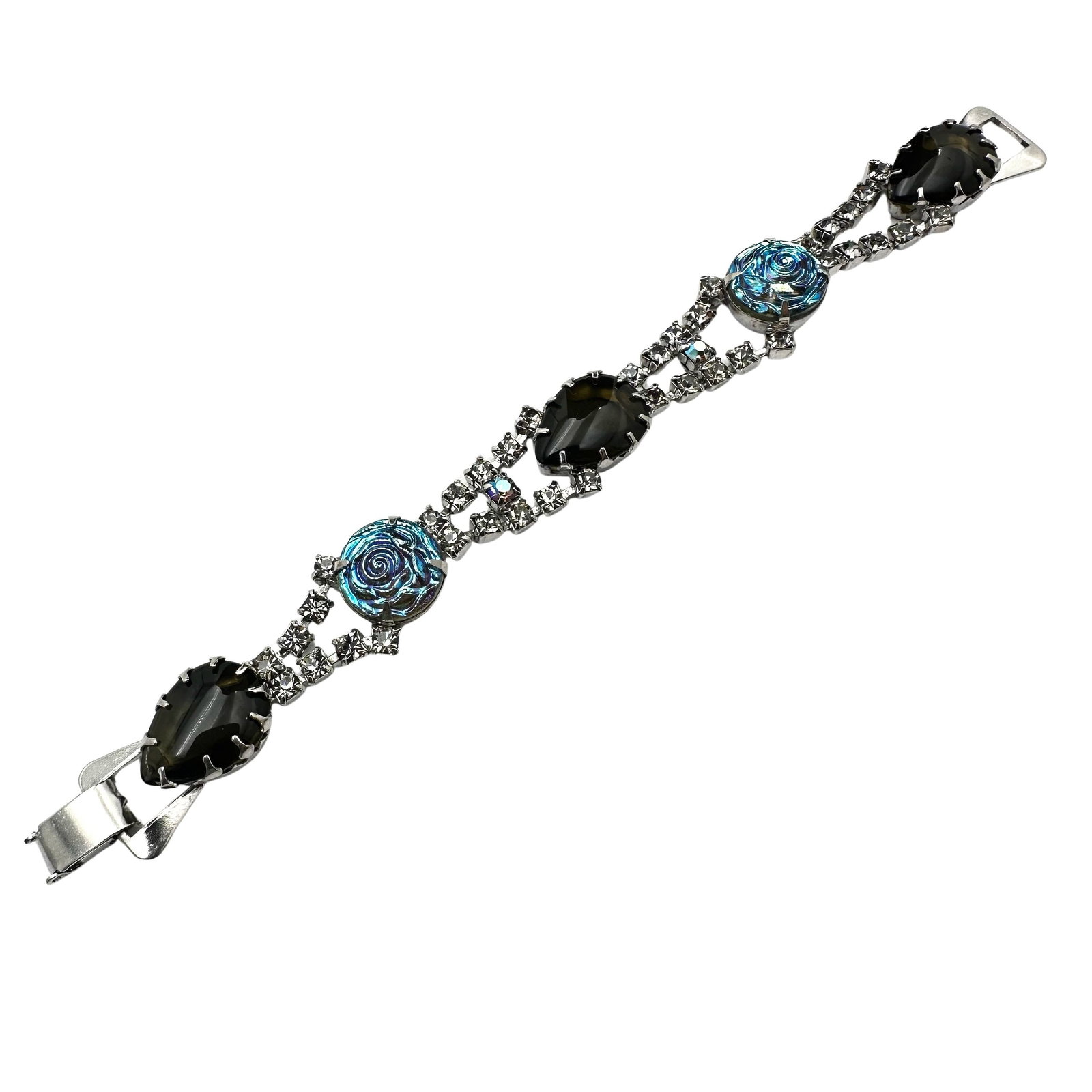 Vintage Peacock Glass Molded Glass Rose Rhinestone Silver Tone Bracelet 7 Inch: Vintage Peacock Glass Molded Glass Rose Rhinestone Silver Tone Bracelet 7 Inch